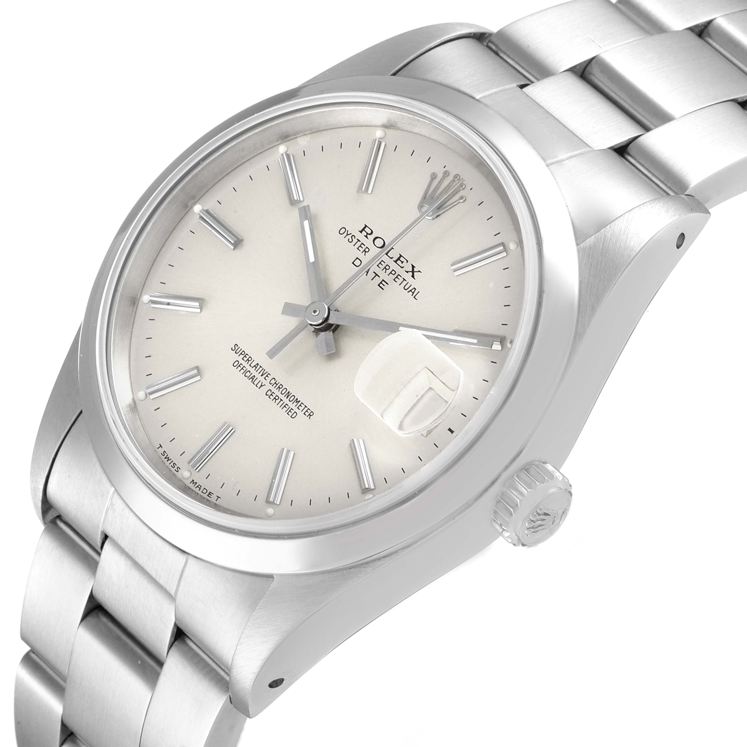 The image shows a close-up angle of the Rolex Date 15200 Men's Stainless Steel Silver Dial 15200 Men's Stainless Steel Silver Dial model watch, highlighting the face, crown, and part of the bracelet.