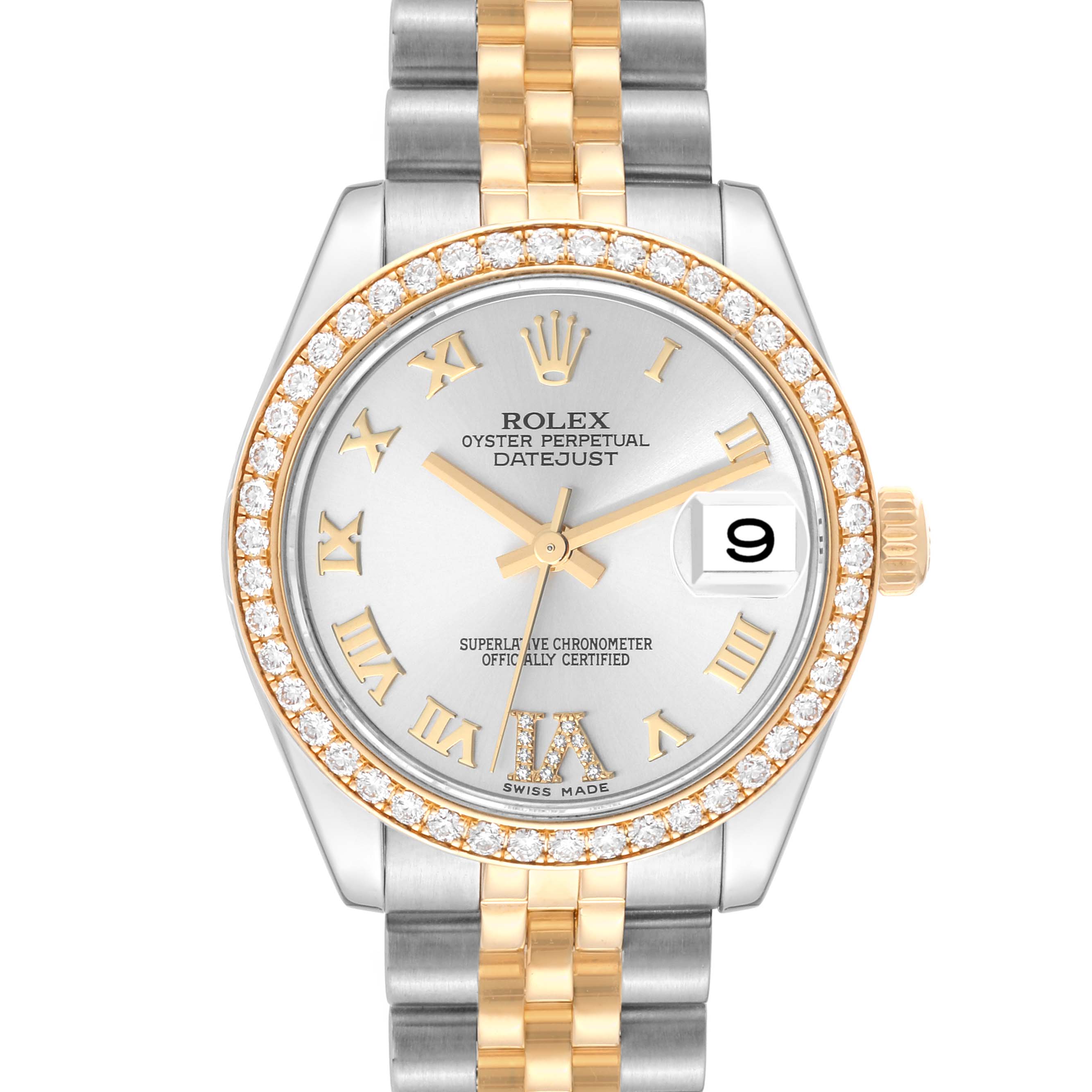 This image shows a front view of a Rolex Mid-Size 178383 Women
s Steel and Gold (two tone) Silver Dial 178383 Women
s Steel and Gold (two tone) Silver Dial Datejust watch, highlighting the face, bezel, and bracelet.