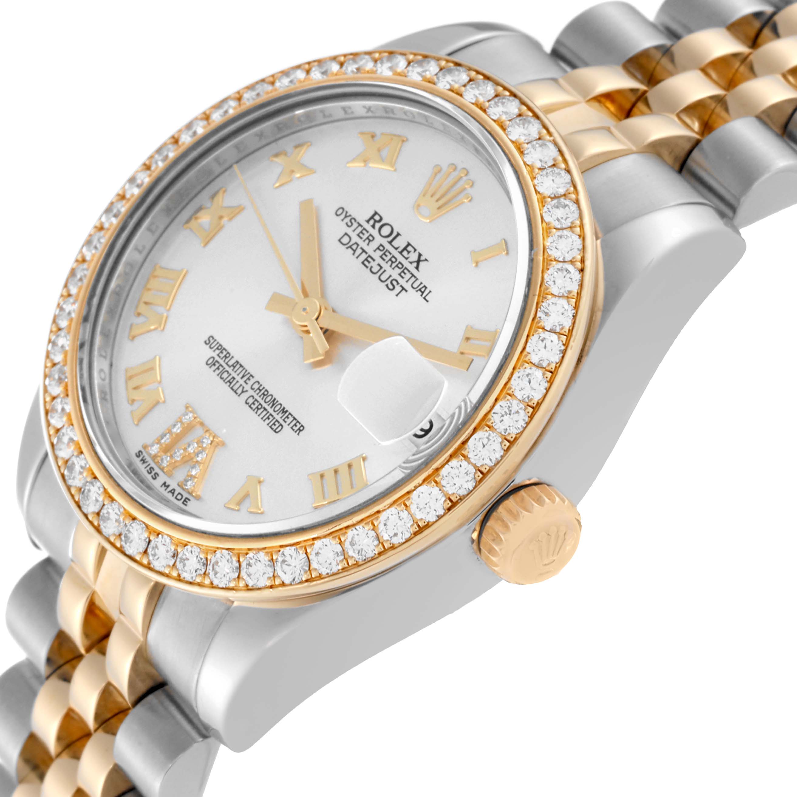 This is a close-up angled view of a Rolex Mid-Size 178383 Women
s Steel and Gold (two tone) Silver Dial 178383 Women
s Steel and Gold (two tone) Silver Dial Datejust watch showing the face, bezel with diamonds, crown, and part of the bracelet.