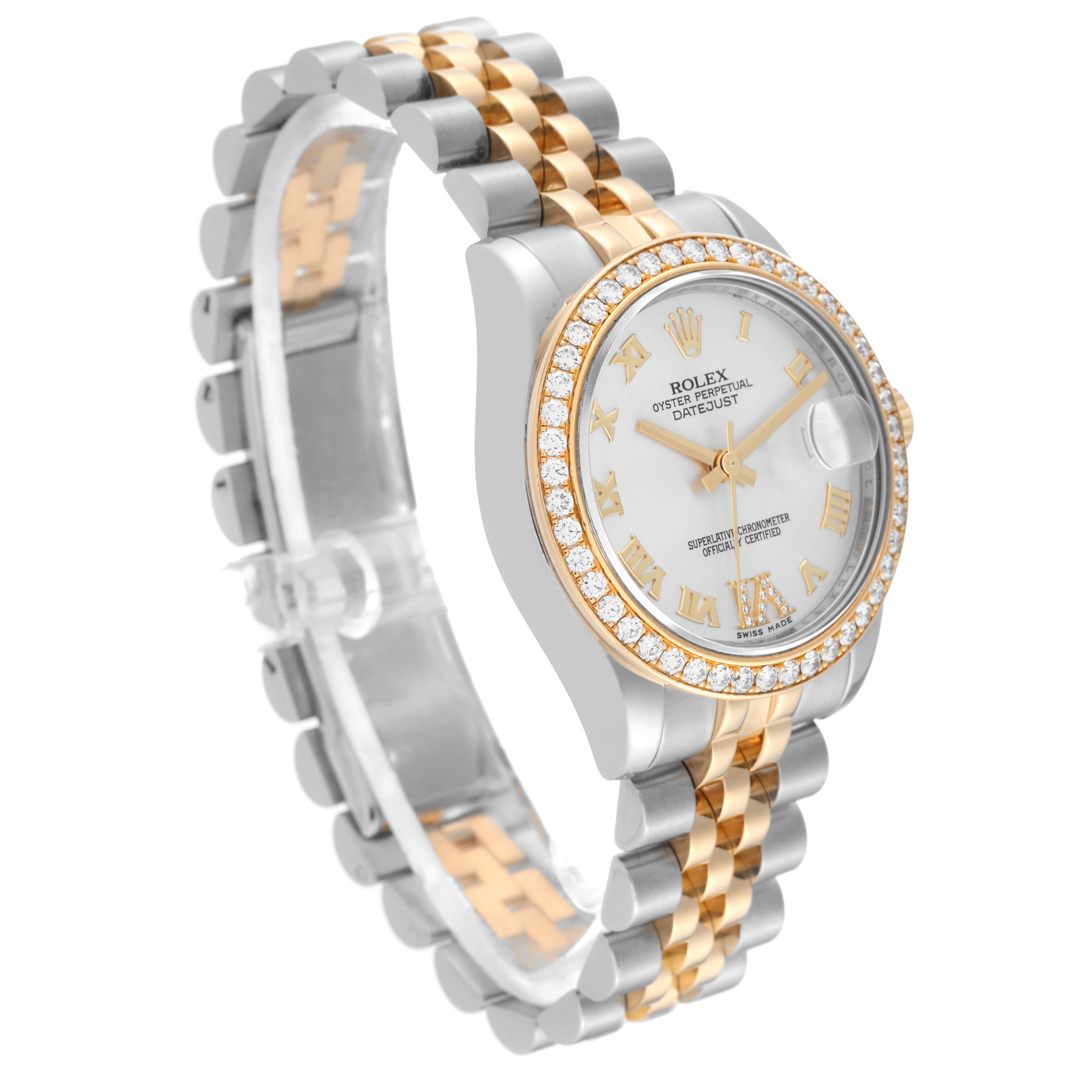 The image shows a Rolex Mid-Size 178383 Women
s Steel and Gold (two tone) Silver Dial 178383 Women
s Steel and Gold (two tone) Silver Dial Datejust watch, highlighting its jubilee bracelet, diamond bezel, and the face at a slight angle.