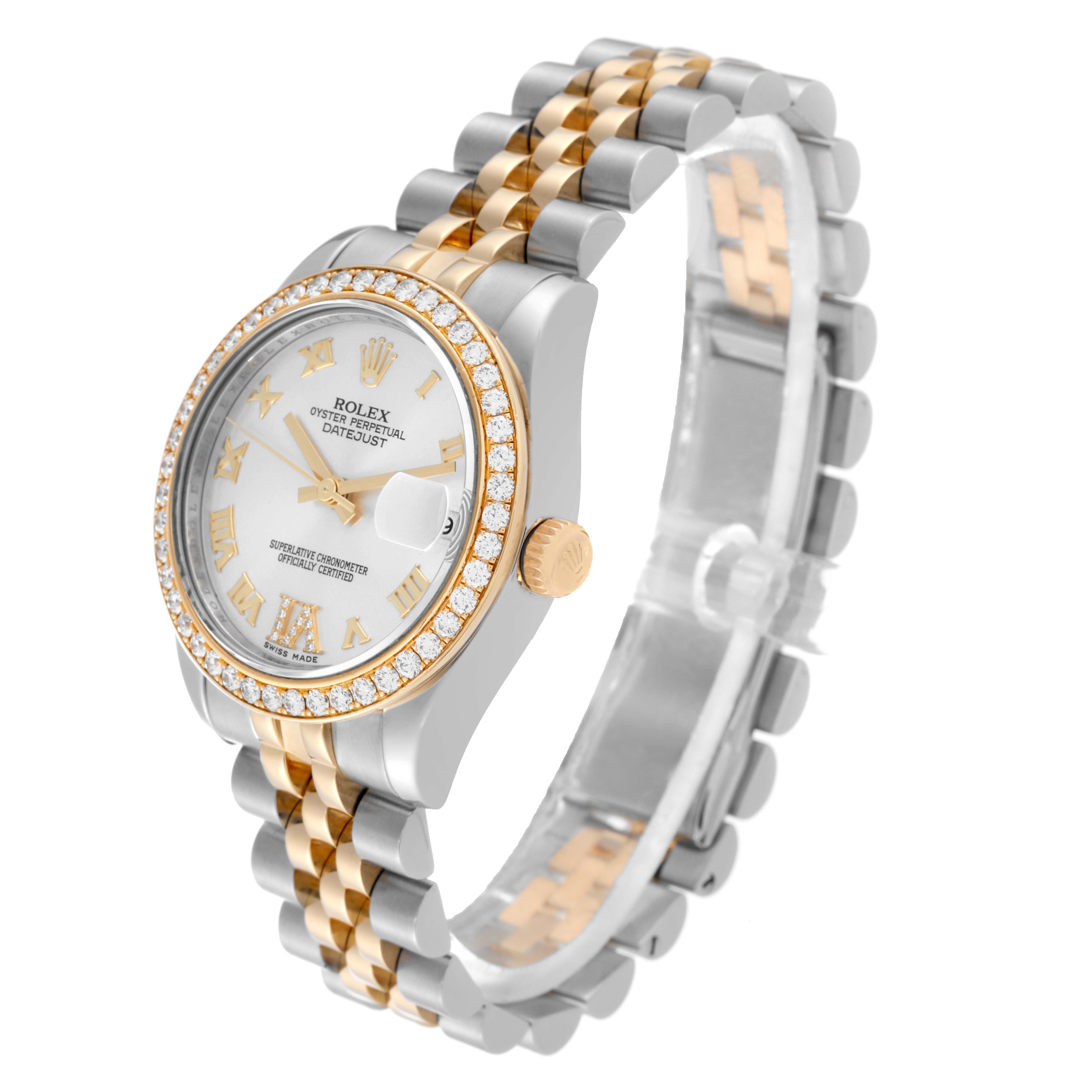 The image shows a Rolex Mid-Size 178383 Women
s Steel and Gold (two tone) Silver Dial 178383 Women
s Steel and Gold (two tone) Silver Dial Oyster Perpetual Datejust watch at a three-quarter angle highlighting the face, dial, bezel, and band.