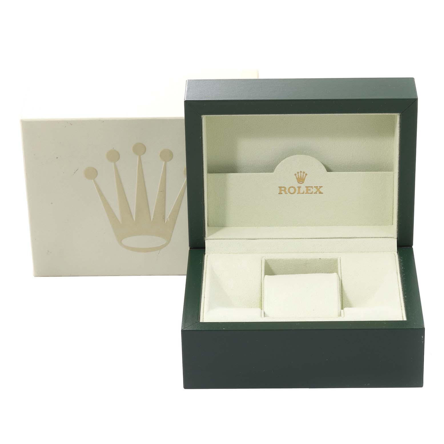 This image shows an open Rolex box for a Mid-Size model watch, displaying the brand
s logo and cushion inside.