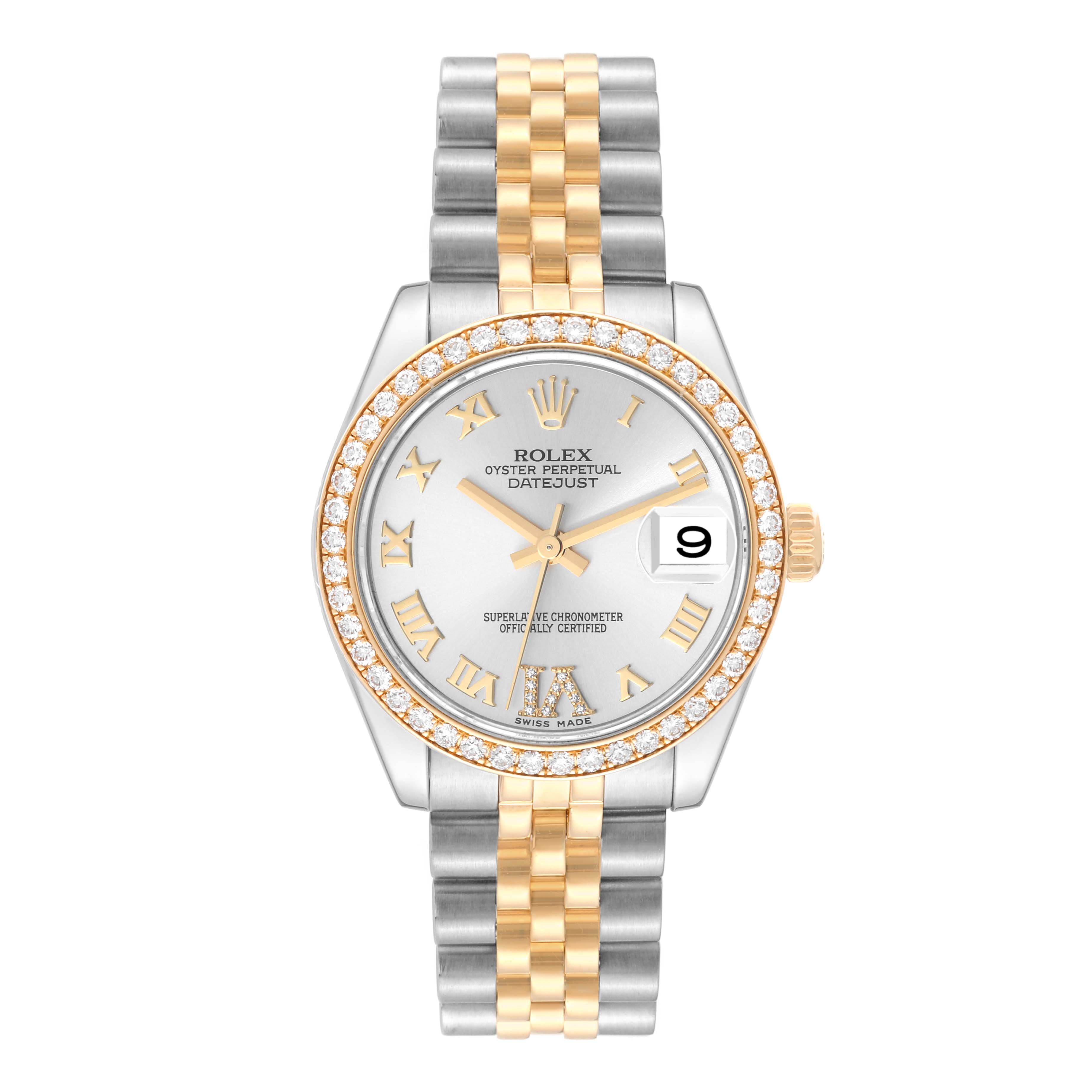 This image shows a head-on view of a Rolex Oyster Perpetual Datejust Mid-Size watch with a two-tone band and diamond bezel.