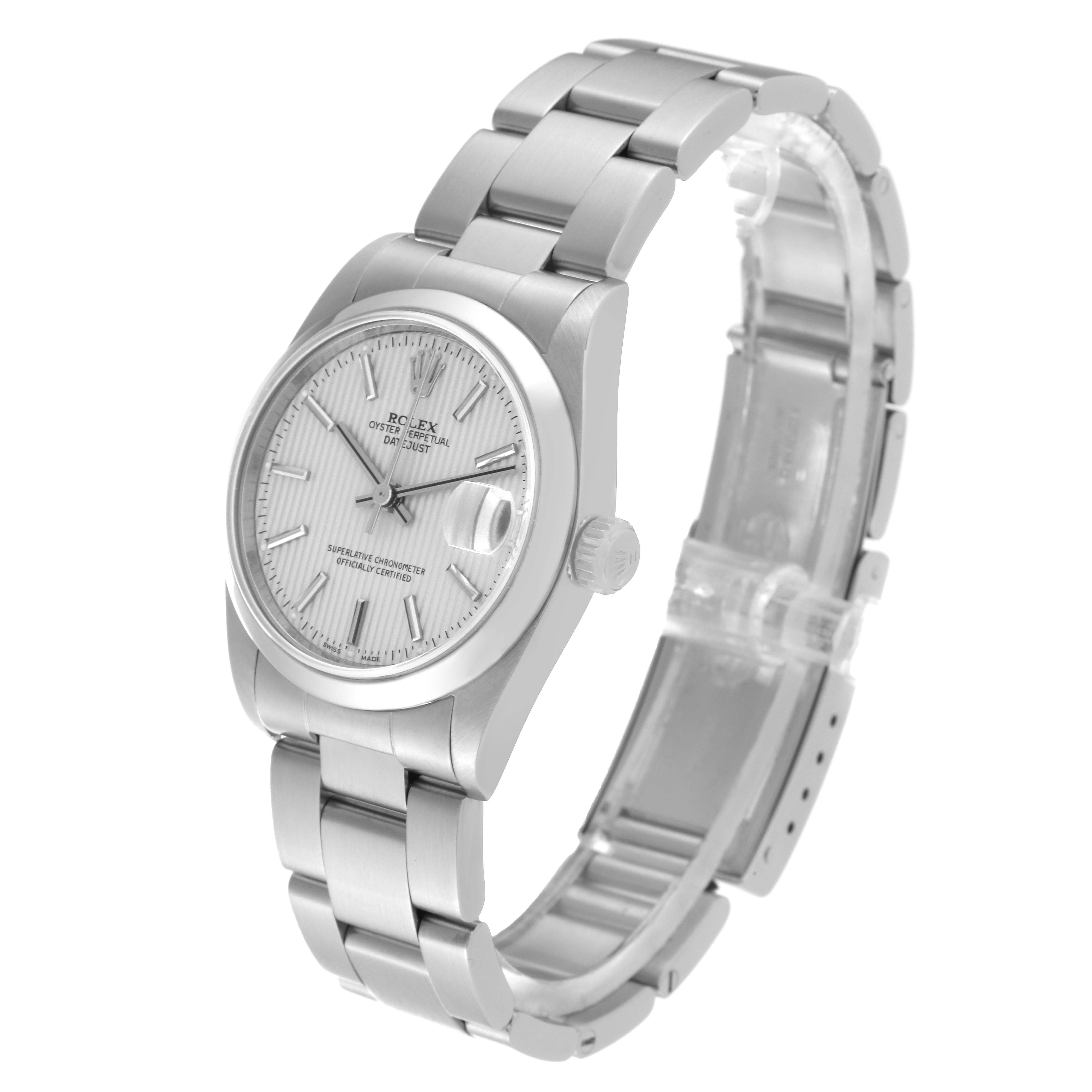 The image shows a Rolex Mid-Size 78240 Women's Stainless Steel Silver Dial 78240 Women's Stainless Steel Silver Dial watch angled to display the watch face, crown, and metal bracelet.