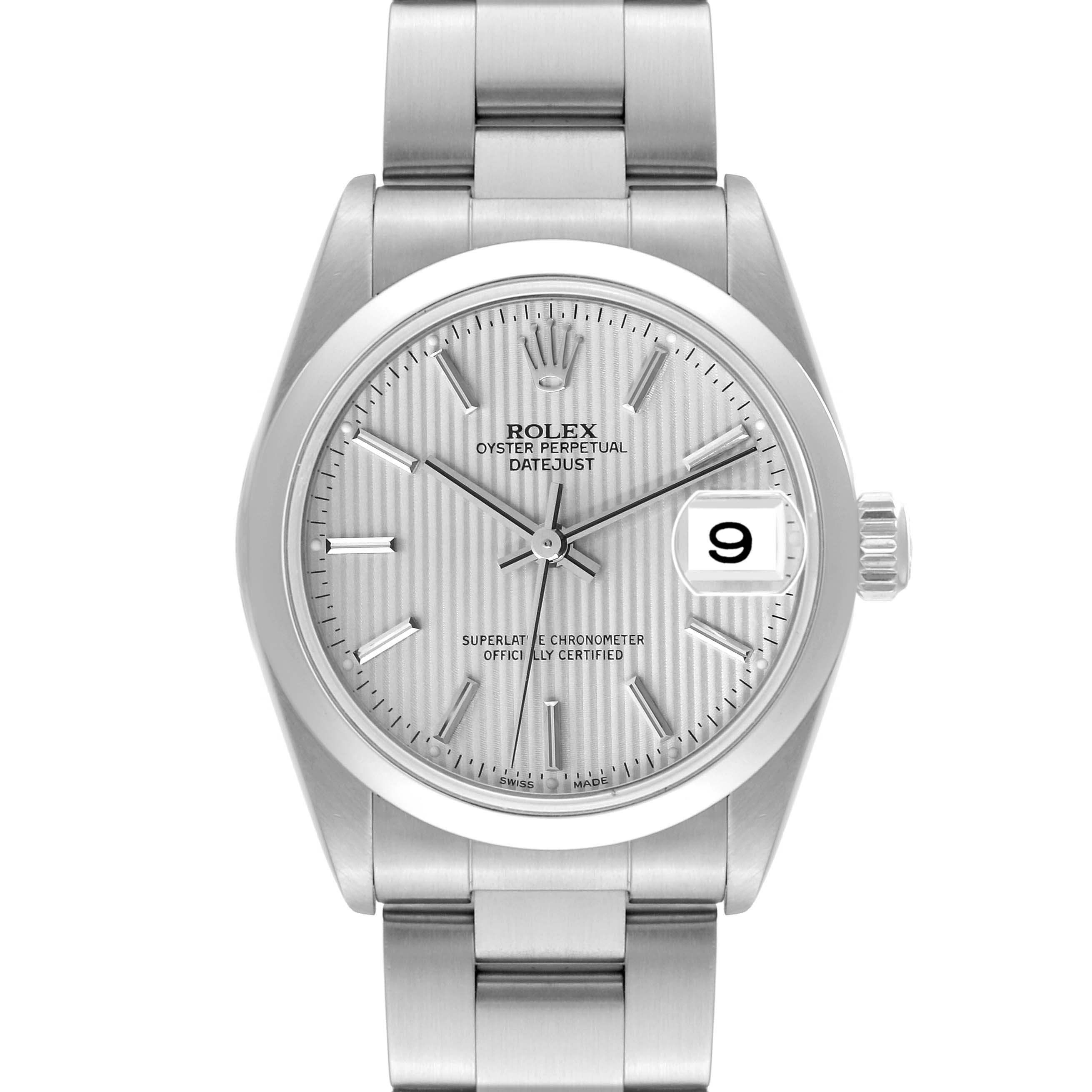 This is a top-view image of a Rolex Mid-Size 78240 Women's Stainless Steel Silver Dial 78240 Women's Stainless Steel Silver Dial Datejust watch, showing the face, bracelet, and crown.