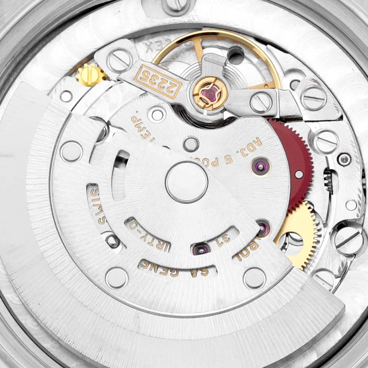 This image shows a close-up of the internal movement mechanism of a Rolex Mid-Size 78240 Women's Stainless Steel Silver Dial 78240 Women's Stainless Steel Silver Dial watch.