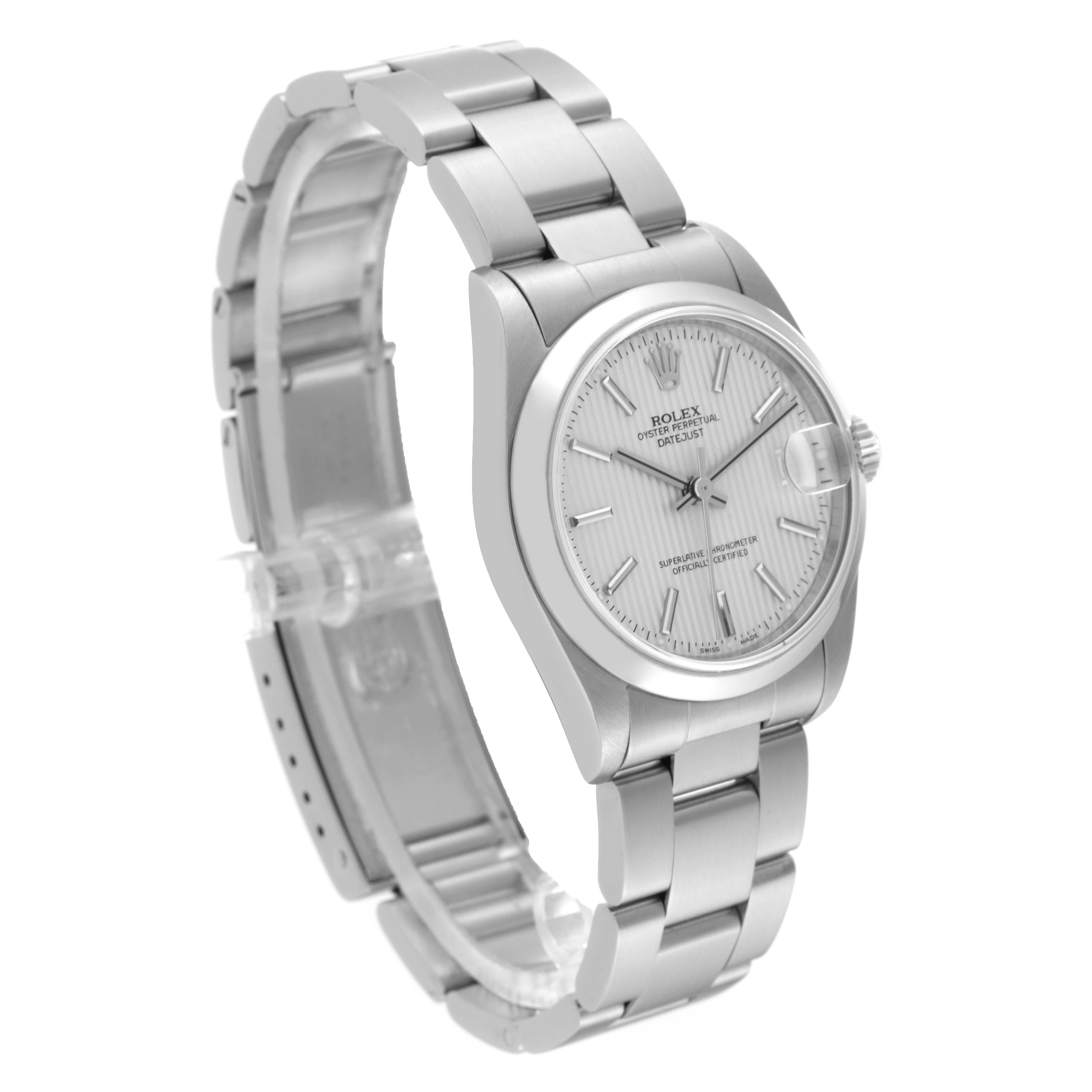 The image shows a Mid-Size Rolex watch from a 3/4 angle, displaying the face, bezel, and bracelet.