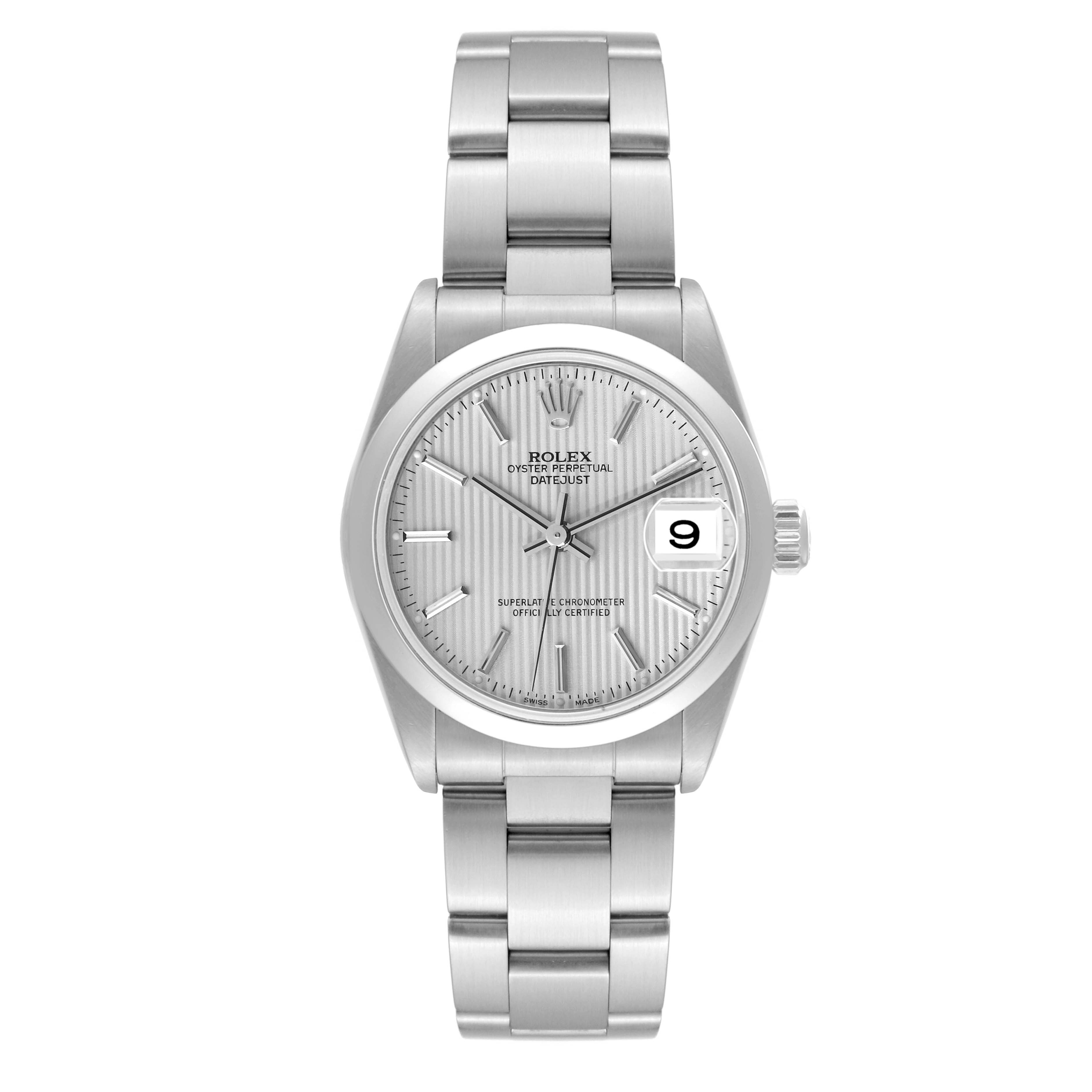 The image shows a front view of a Rolex Oyster Perpetual Datejust Mid-Size model, featuring the watch face, bezel, and bracelet.