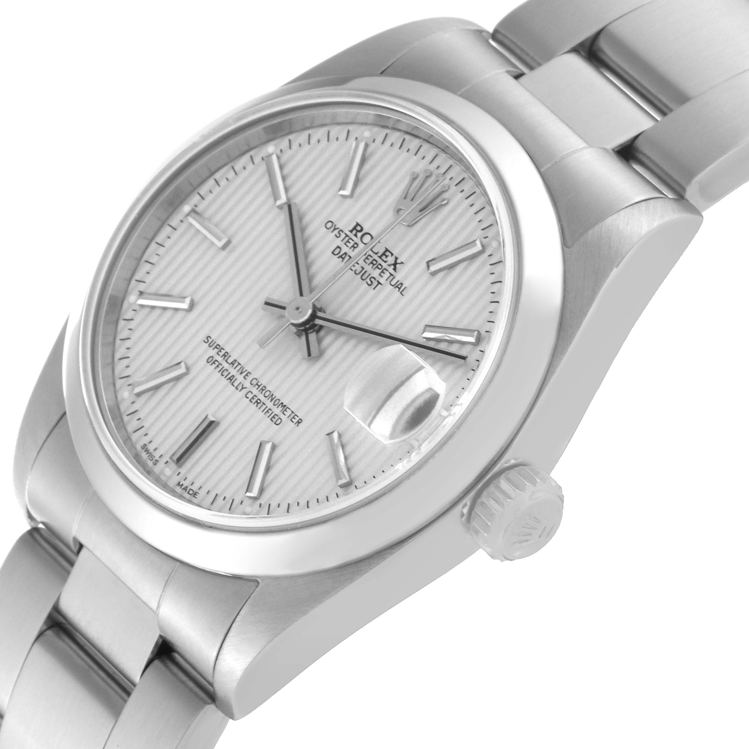 The image shows the Rolex Mid-Size 78240 Women's Stainless Steel Silver Dial 78240 Women's Stainless Steel Silver Dial Datejust watch from a three-quarter angle, highlighting the dial, crown, and part of the bracelet.
