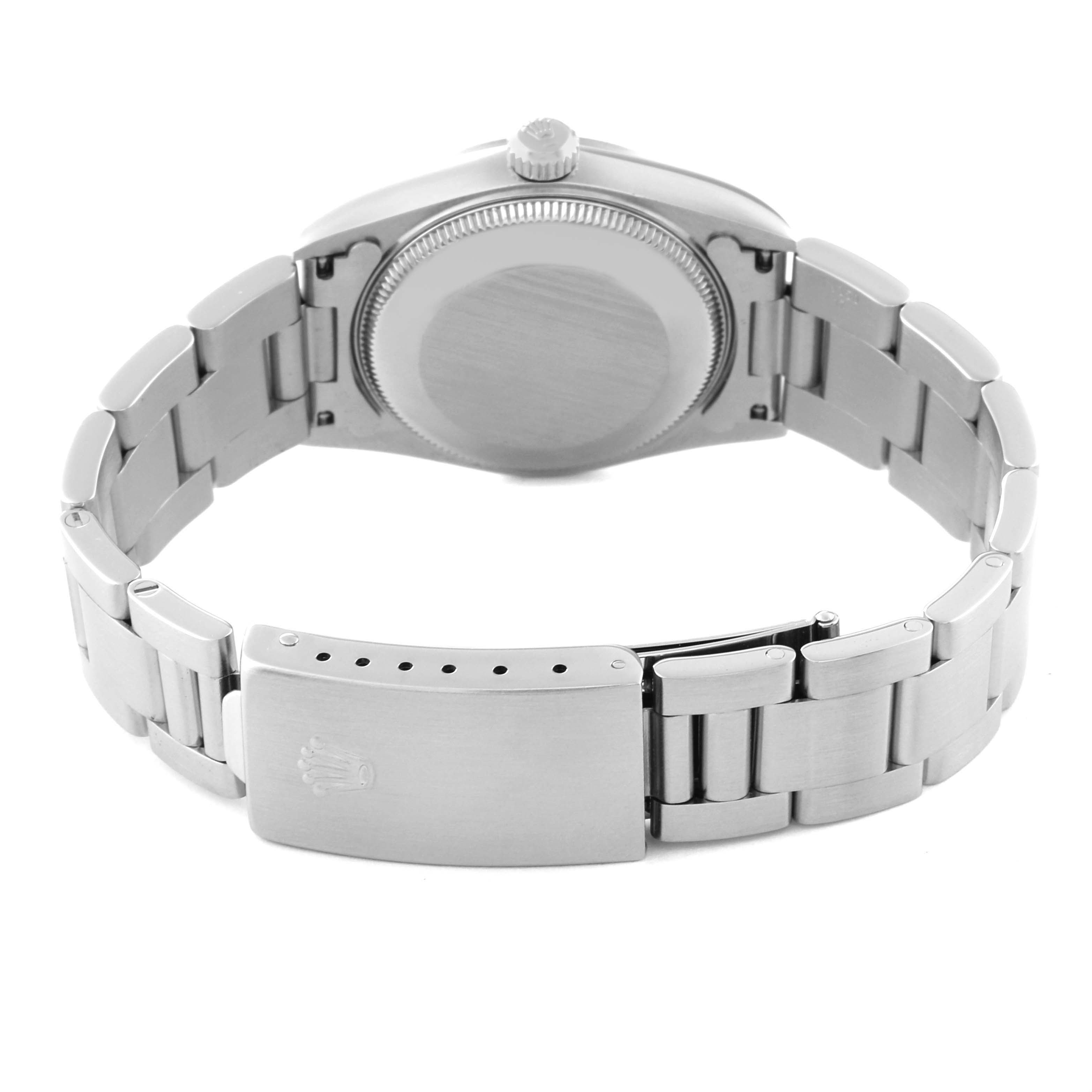 The image shows the back view of a Rolex Mid-Size 78240 Women's Stainless Steel Silver Dial 78240 Women's Stainless Steel Silver Dial model watch, focusing on the case back, bracelet, and clasp.