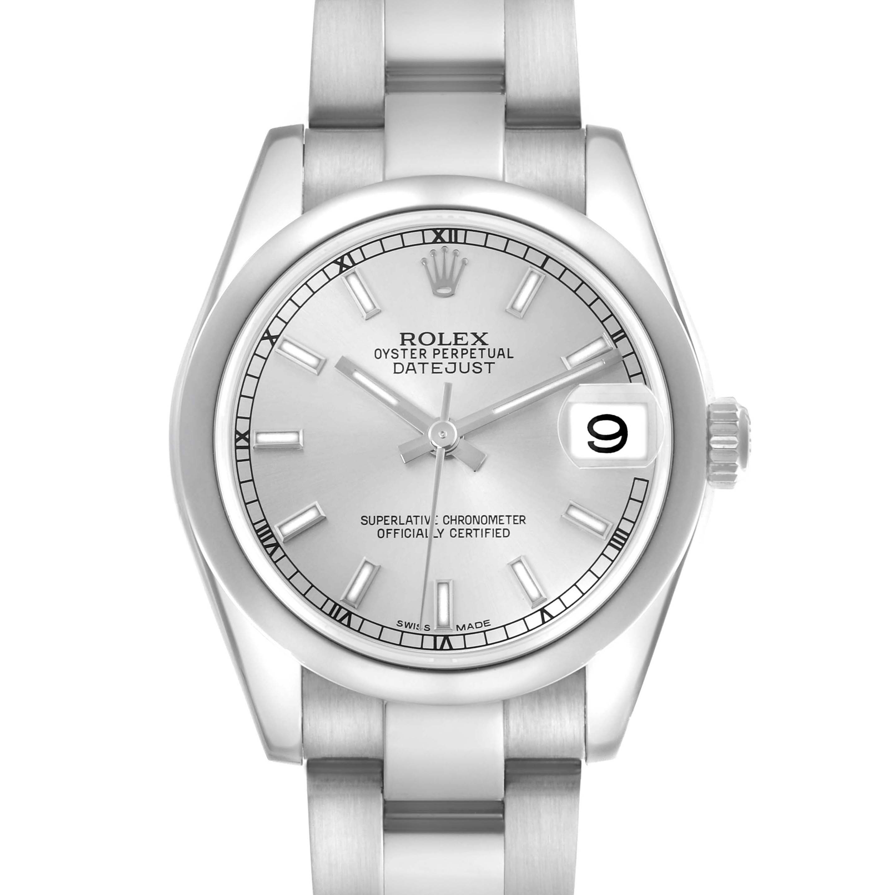 The Rolex Mid-Size 178240 Women
s Stainless Steel Silver Dial 178240 Women
s Stainless Steel Silver Dial watch is shown from a straight-on angle, highlighting the dial, bezel, and part of the bracelet.