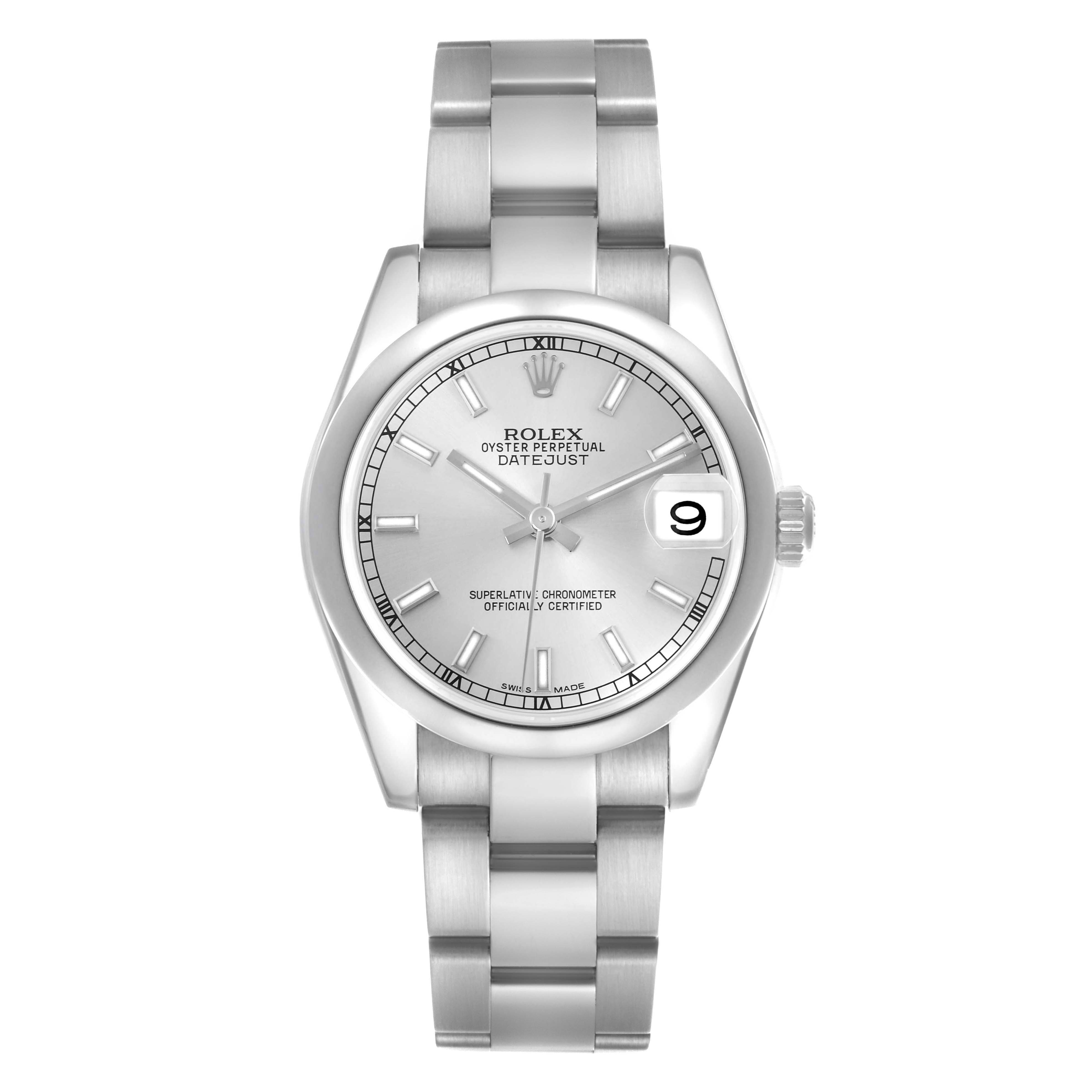 The Rolex Mid-Size 178240 Women
s Stainless Steel Silver Dial 178240 Women
s Stainless Steel Silver Dial Datejust is shown from a top-down angle, highlighting the dial, bracelet, and date magnifier.