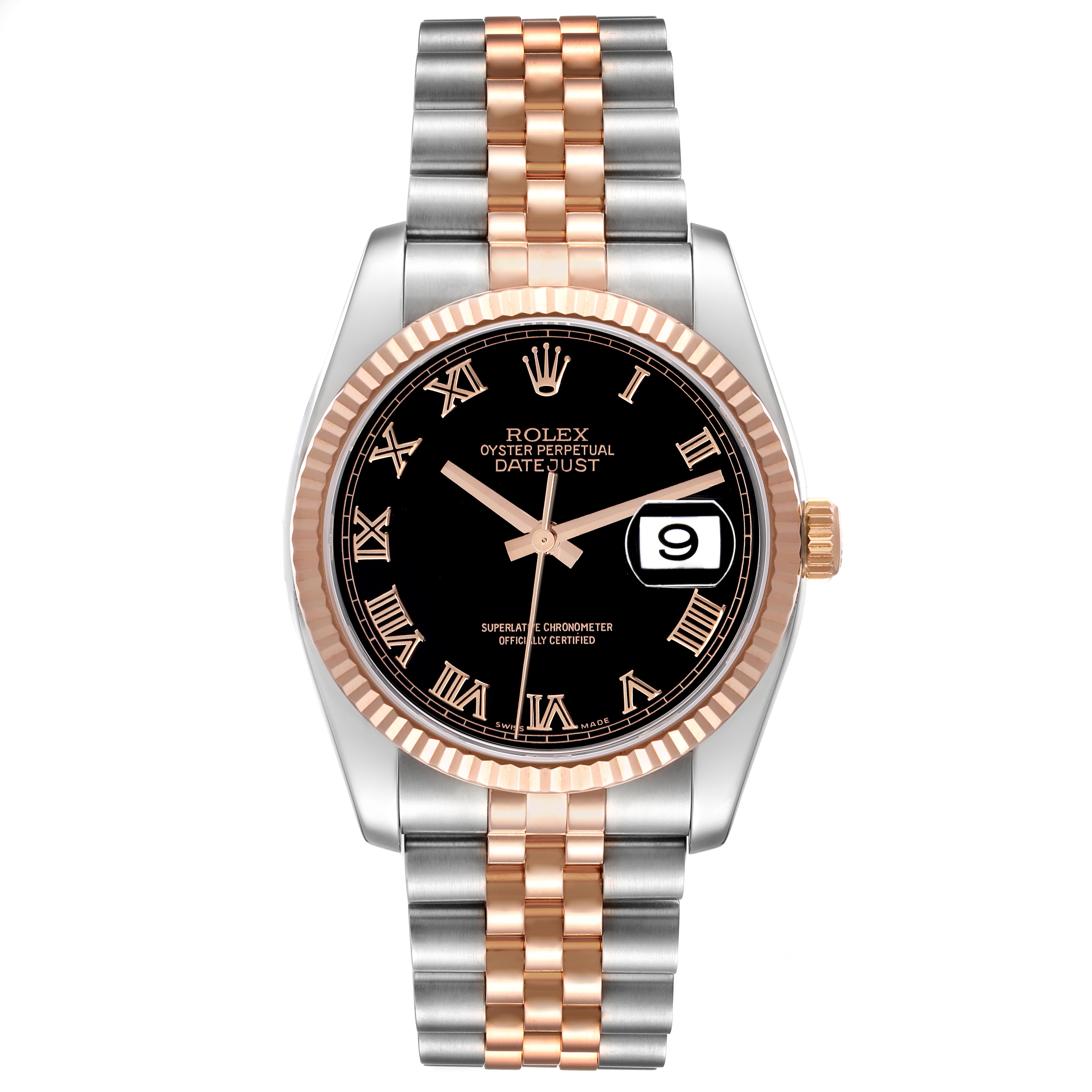 The Rolex Datejust 116231 Men's Steel and Gold (two tone) Black Dial 116231 Men's Steel and Gold (two tone) Black Dial watch is shown from a front angle, displaying its two-tone bracelet, black dial, and date feature.