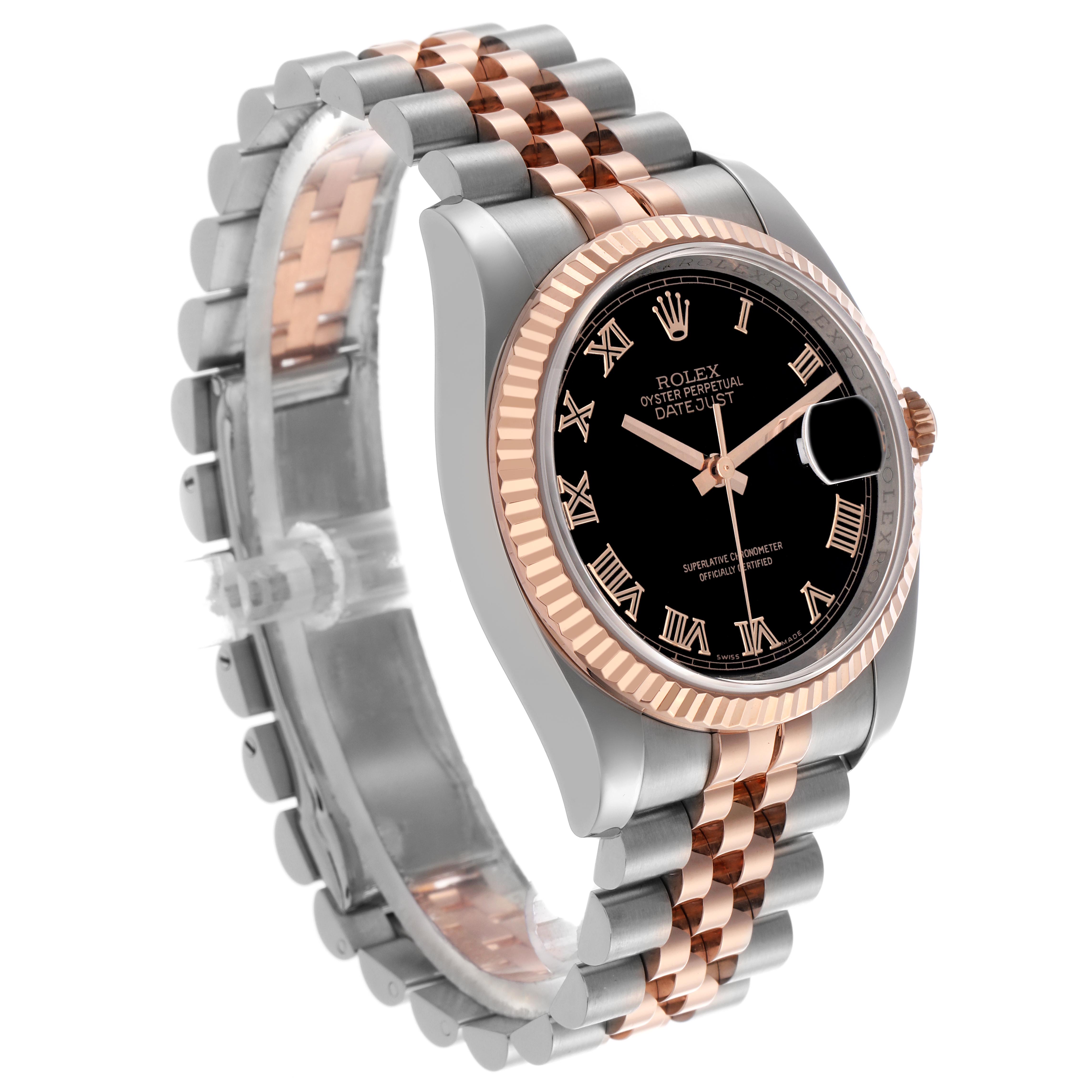The Rolex Datejust 116231 Men's Steel and Gold (two tone) Black Dial 116231 Men's Steel and Gold (two tone) Black Dial watch is shown at a three-quarter angle, highlighting the two-tone bracelet, black dial, and fluted bezel.