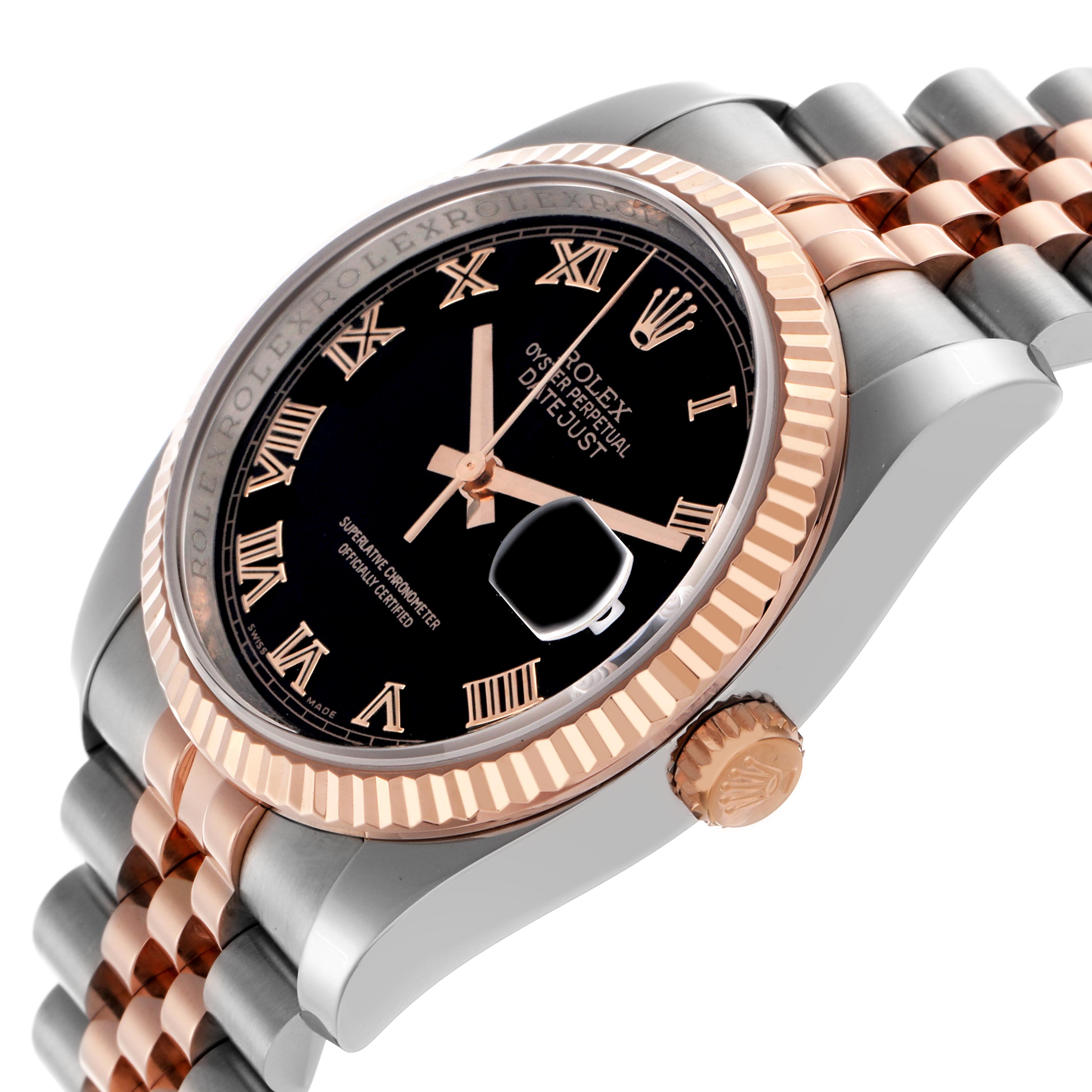 The Rolex Datejust 116231 Men's Steel and Gold (two tone) Black Dial 116231 Men's Steel and Gold (two tone) Black Dial watch is shown from a side angle, highlighting the face, bezel, crown, and bracelet.