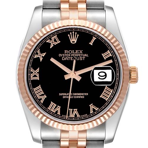 The Rolex Datejust watch is shown from the front, highlighting the dial, bezel, hands, date window, and part of the bracelet.