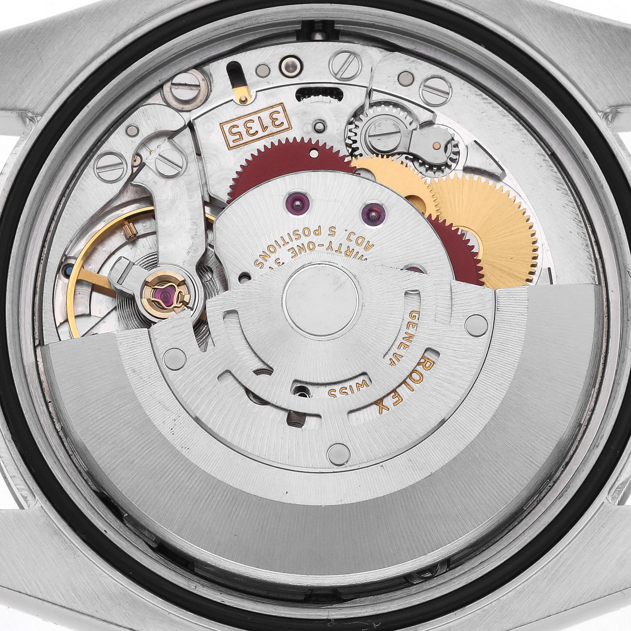 The image shows the intricate movement of a Rolex Datejust 116231 Men's Steel and Gold (two tone) Black Dial 116231 Men's Steel and Gold (two tone) Black Dial watch viewed from the back, highlighting gears and mechanisms.