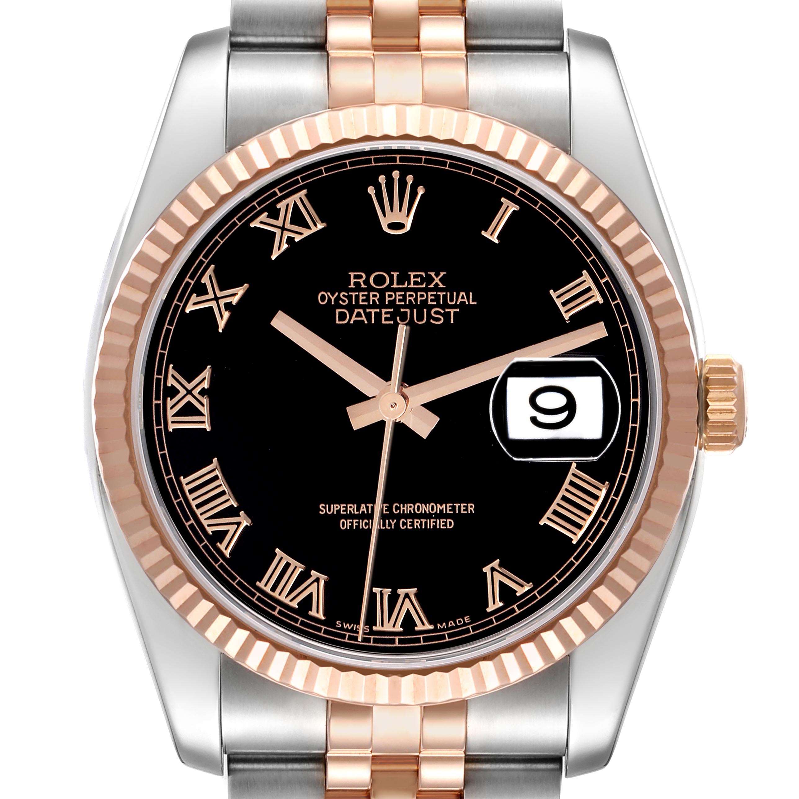 The Rolex Datejust 116231 Men's Steel and Gold (two tone) Black Dial 116231 Men's Steel and Gold (two tone) Black Dial watch is shown from the front, highlighting the dial, bezel, crown, and part of the bracelet.