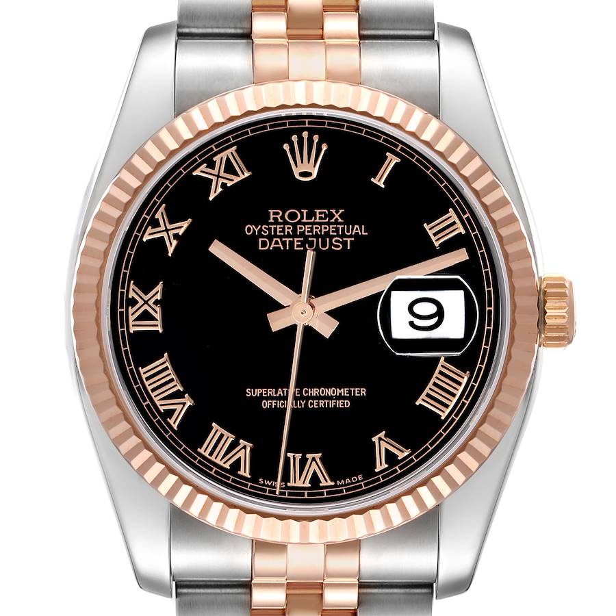The Rolex Datejust watch is shown from the front, highlighting the dial, bezel, crown, and part of the bracelet.