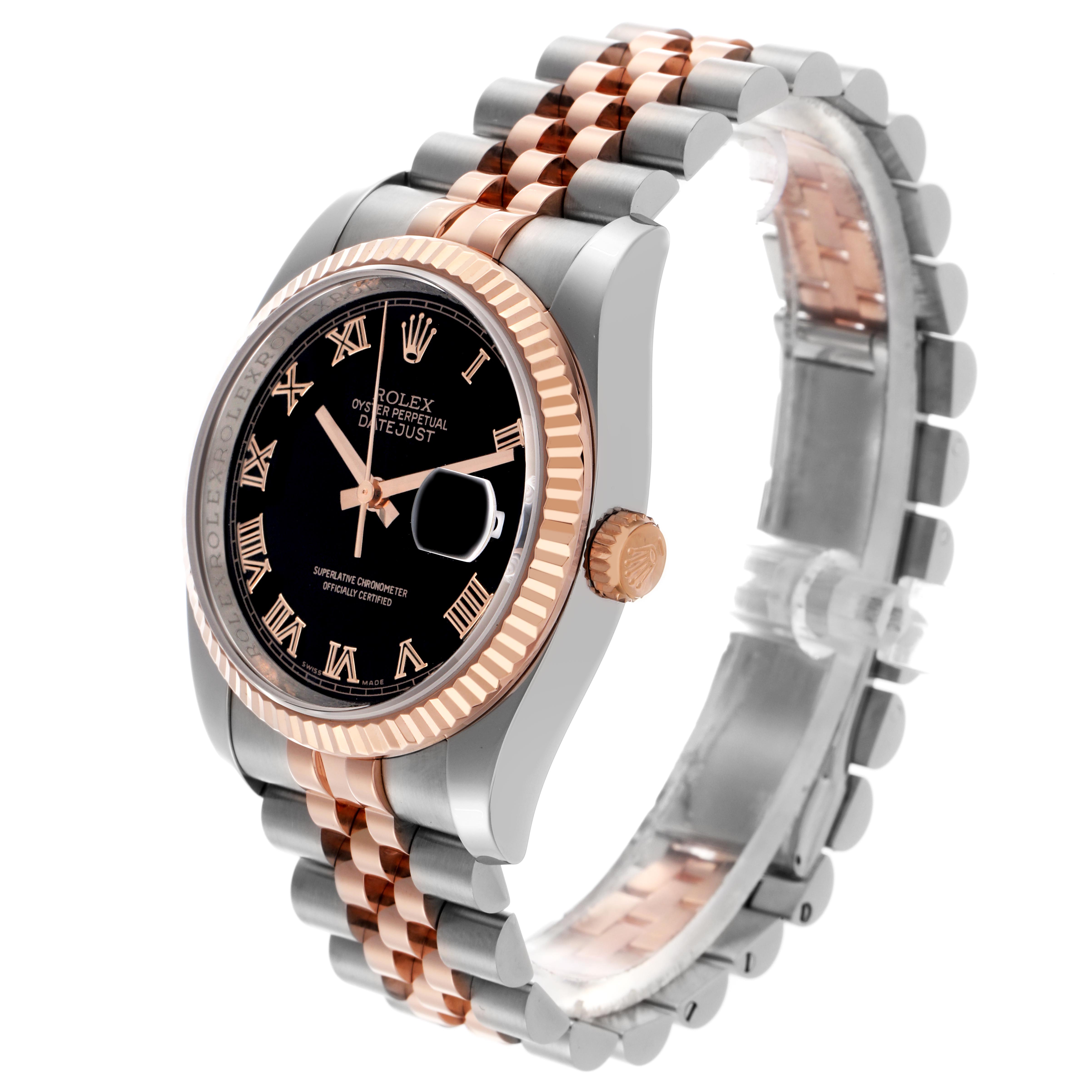 The Rolex Datejust 116231 Men's Steel and Gold (two tone) Black Dial 116231 Men's Steel and Gold (two tone) Black Dial is shown at a three-quarter angle, displaying the dial, two-tone bracelet, fluted bezel, and side crown.
