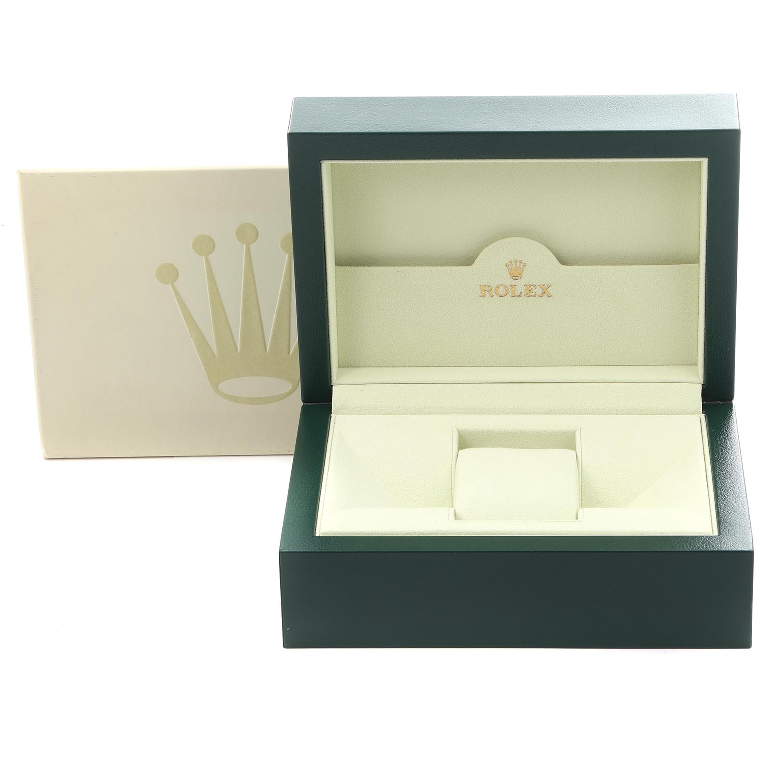 The image shows an open Rolex Datejust 116231 Men's Steel and Gold (two tone) Black Dial 116231 Men's Steel and Gold (two tone) Black Dial watch box with a green exterior and beige interior with the Rolex logo visible.