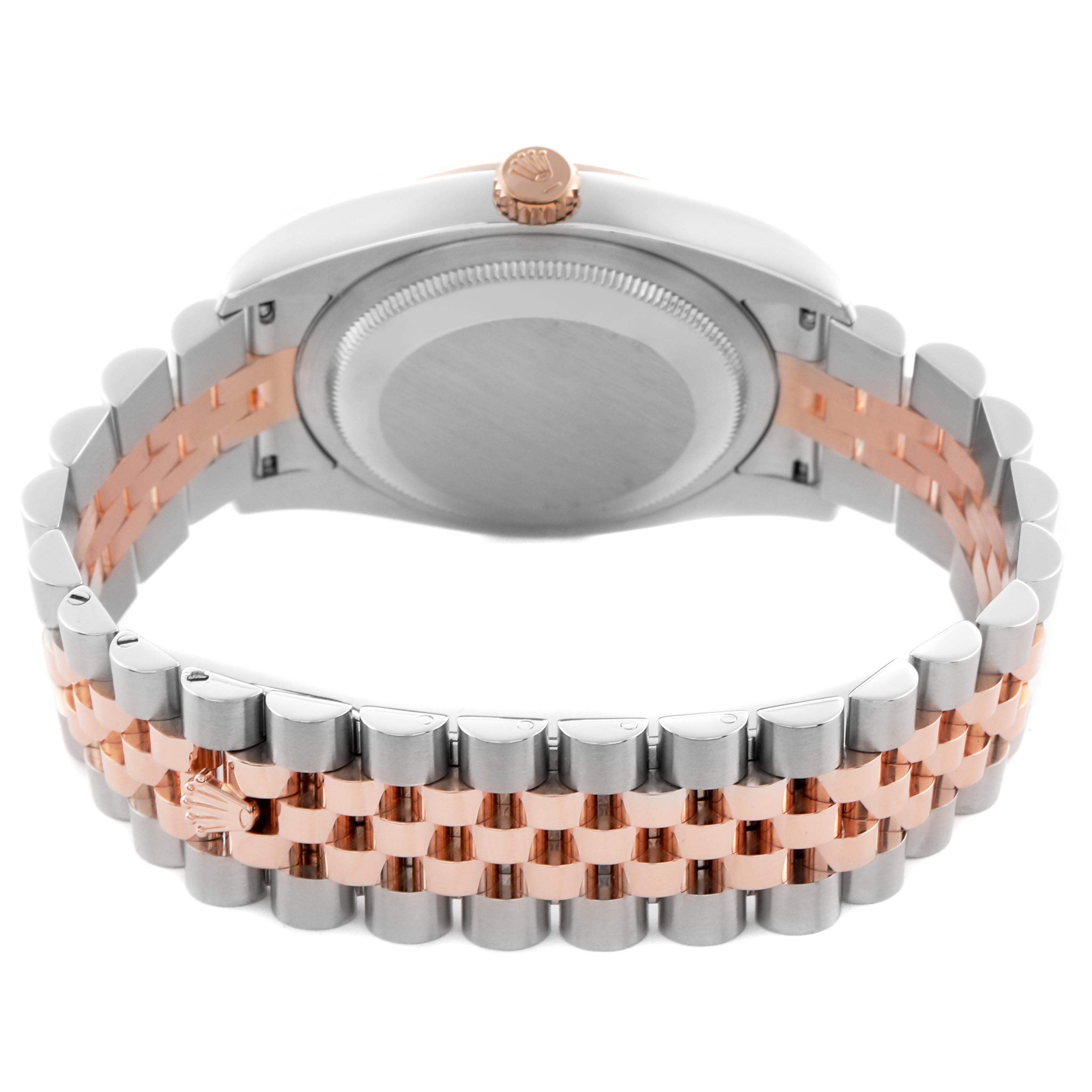 The Rolex Datejust 116231 Men's Steel and Gold (two tone) Black Dial 116231 Men's Steel and Gold (two tone) Black Dial watch is shown from the back, displaying the case back, crown, and two-tone bracelet.