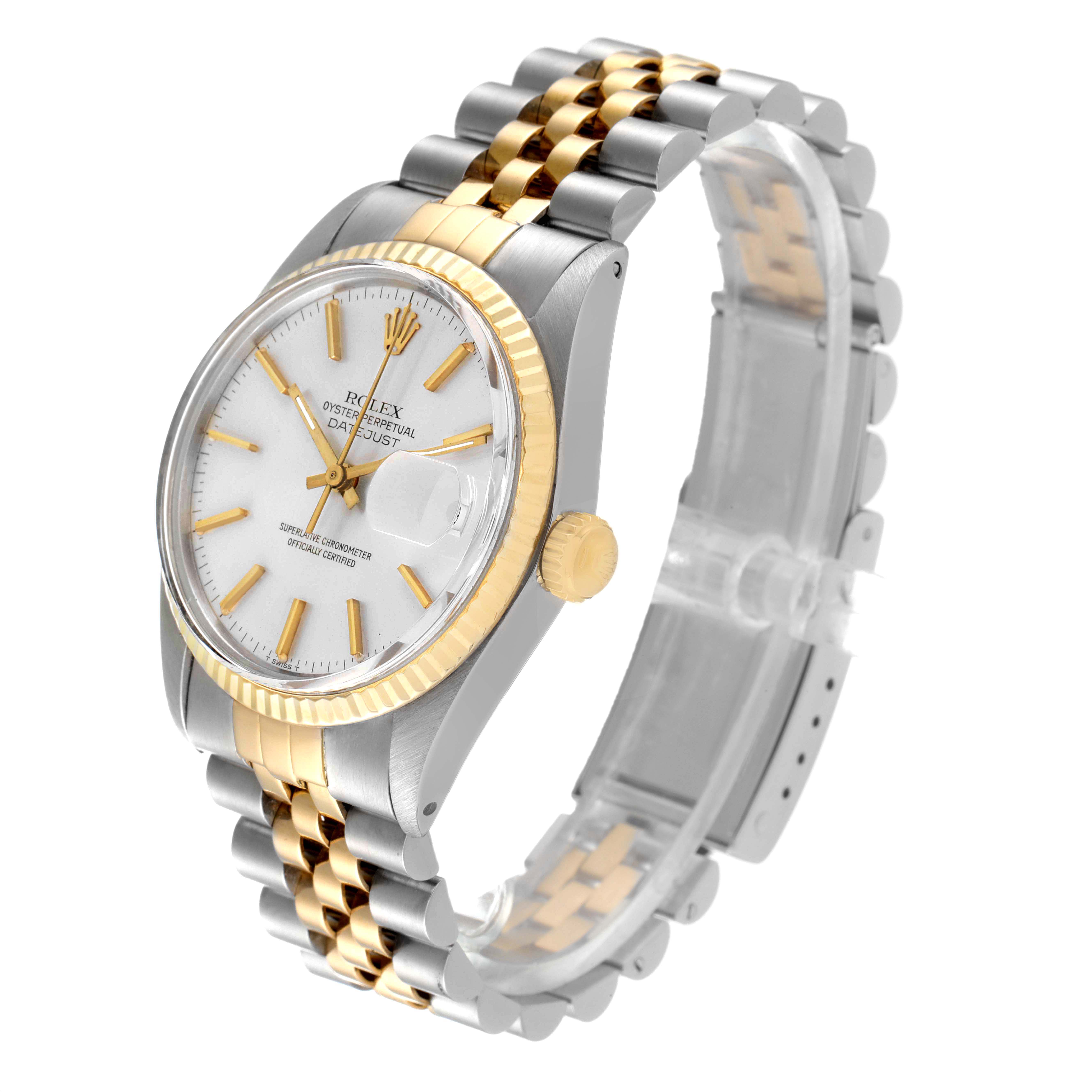 The Rolex Vintage Collection 16013 Men's Steel and Gold (two tone) Silver Dial 16013 Men's Steel and Gold (two tone) Silver Dial watch is shown at a slight angle, revealing its face, bezel, crown, and two-tone bracelet.