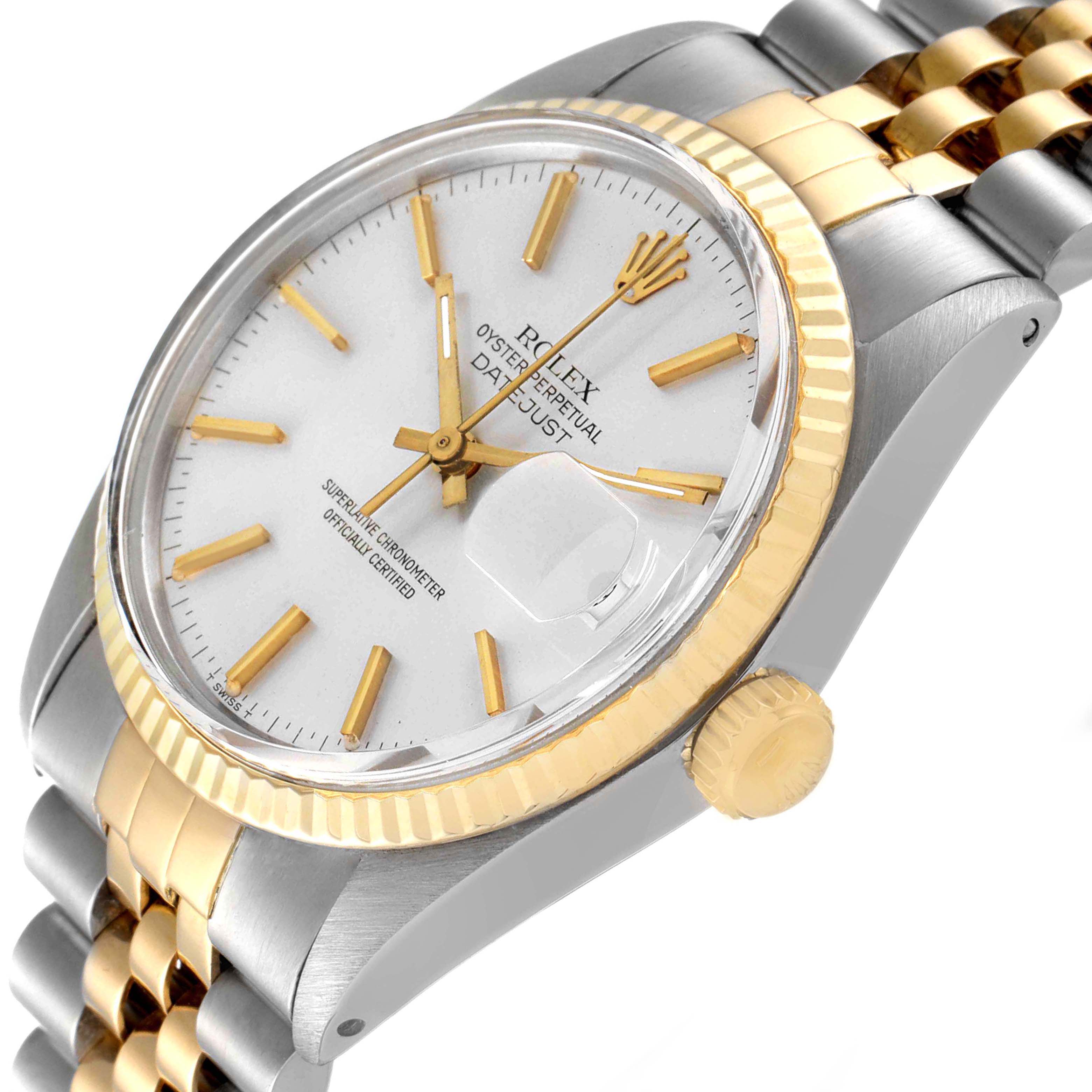 The image shows a close-up angle of the Rolex Vintage Collection 16013 Men's Steel and Gold (two tone) Silver Dial 16013 Men's Steel and Gold (two tone) Silver Dial watch, highlighting its face, bezel, crown, and part of the bracelet.