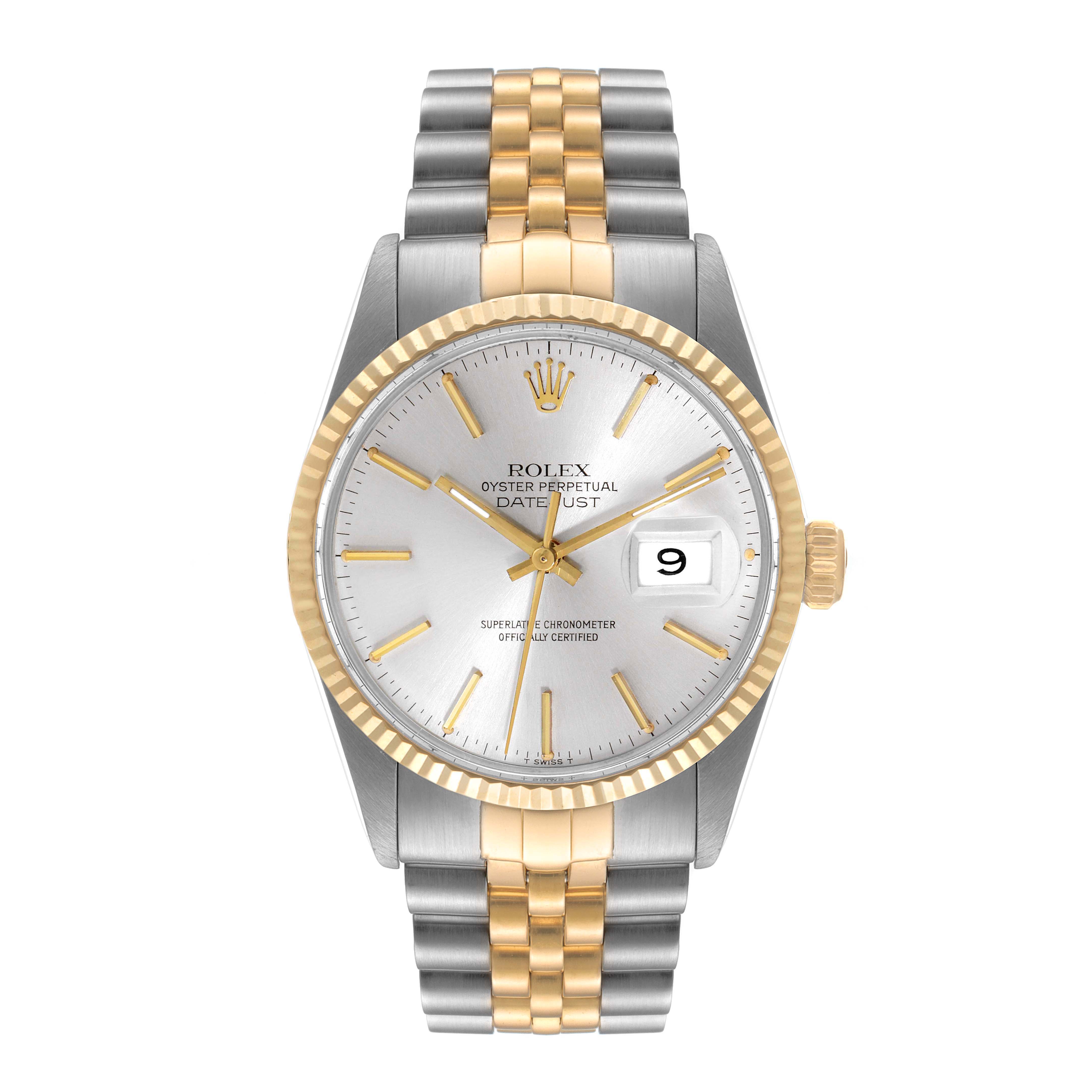 The Rolex Vintage Collection 16013 Men's Steel and Gold (two tone) Silver Dial 16013 Men's Steel and Gold (two tone) Silver Dial Oyster Perpetual Datejust watch is shown from the front, displaying its dial, hands, date window, and two-tone bracelet.