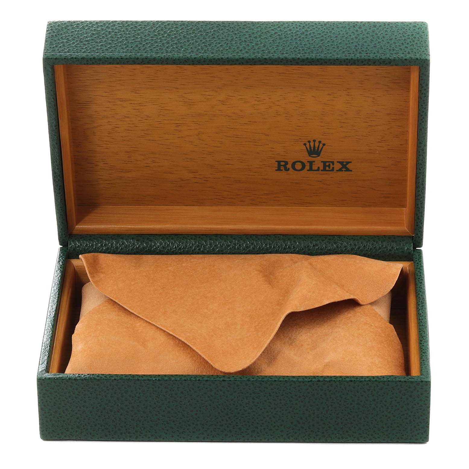 The image shows a Rolex Vintage Collection 16013 Men's Steel and Gold (two tone) Silver Dial 16013 Men's Steel and Gold (two tone) Silver Dial watch box, open, with a brown cloth inside.