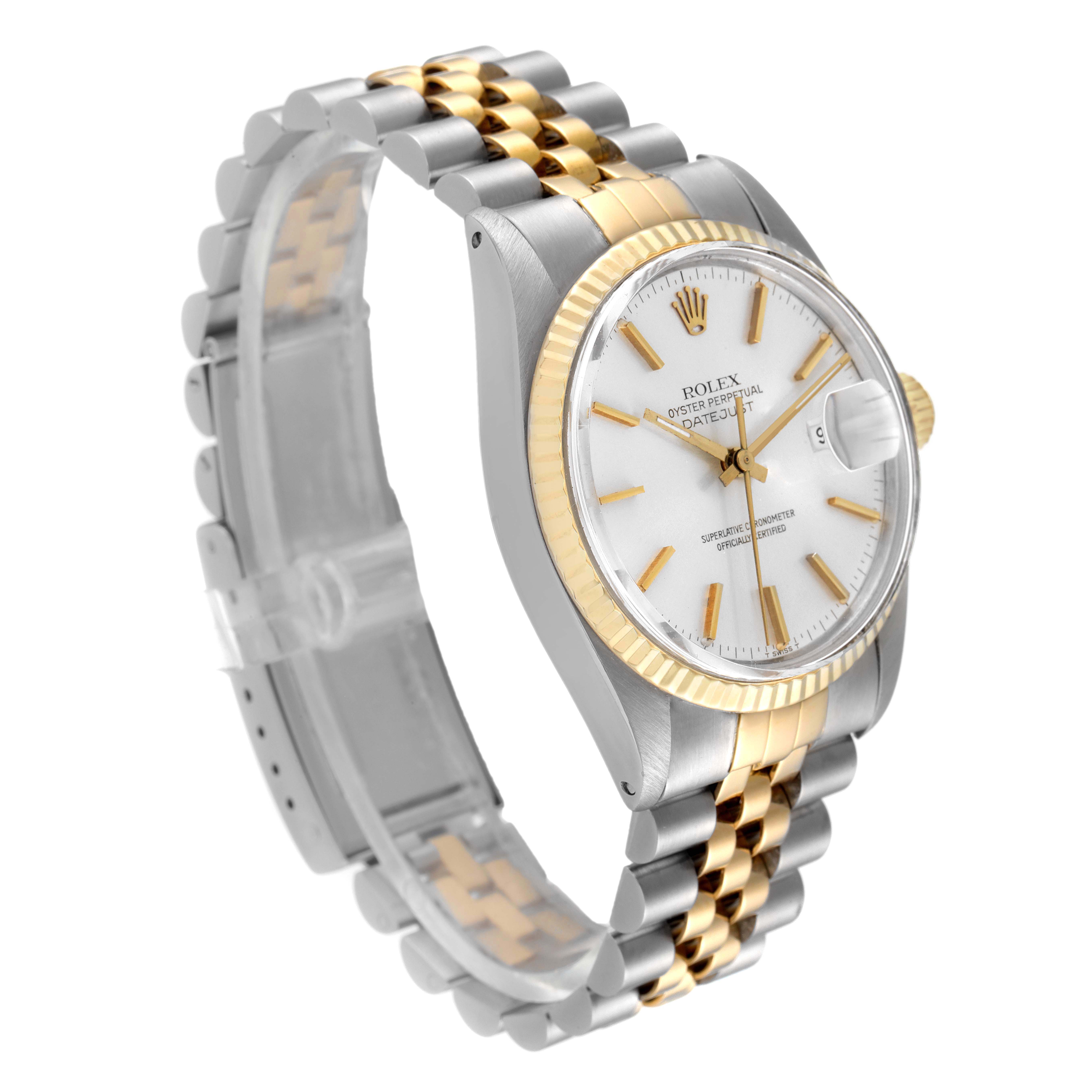 This image shows a Rolex Vintage Collection 16013 Men's Steel and Gold (two tone) Silver Dial 16013 Men's Steel and Gold (two tone) Silver Dial watch at a 45-degree angle, highlighting the face, bezel, and part of the bracelet.