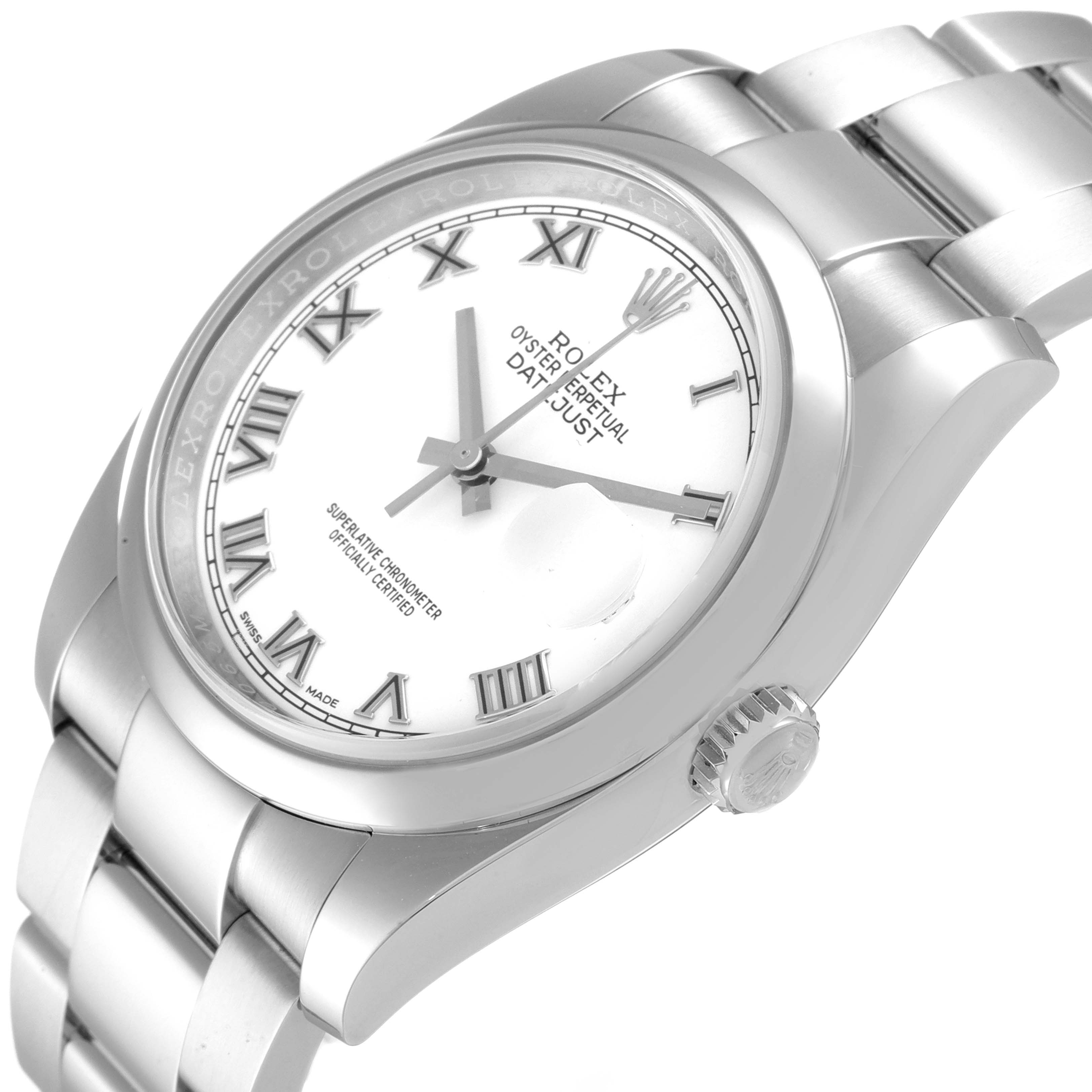 This image shows a steel Rolex Datejust 116200 Men's Stainless Steel White Dial 116200 Men's Stainless Steel White Dial watch with a white dial and Roman numeral markers at an angled close-up view.