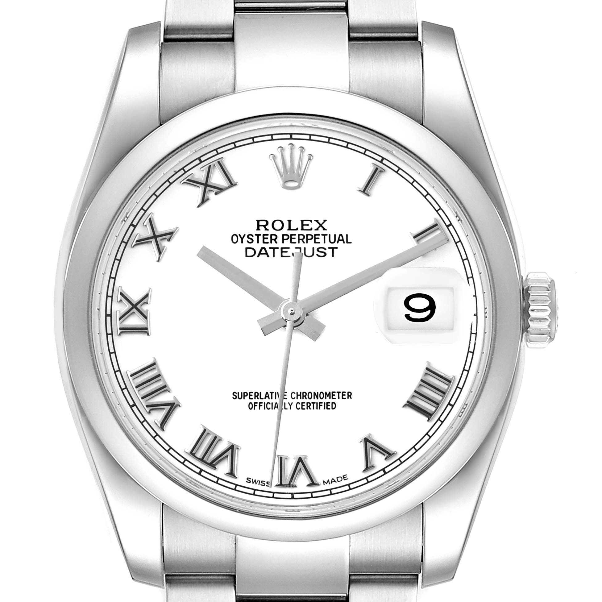 The image shows a frontal view of a Rolex Datejust 116200 Men's Stainless Steel White Dial 116200 Men's Stainless Steel White Dial watch, highlighting the dial, Roman numerals, date window, and part of the bracelet.