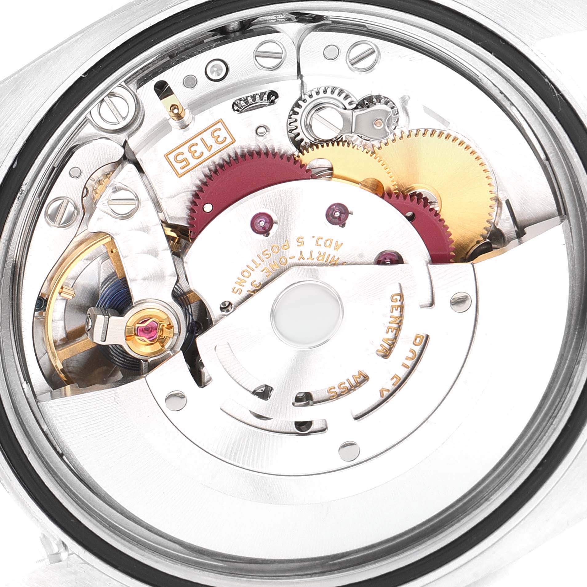 This image shows the movement mechanism of a Rolex Datejust 116200 Men's Stainless Steel White Dial 116200 Men's Stainless Steel White Dial watch from a close-up, rear angle.
