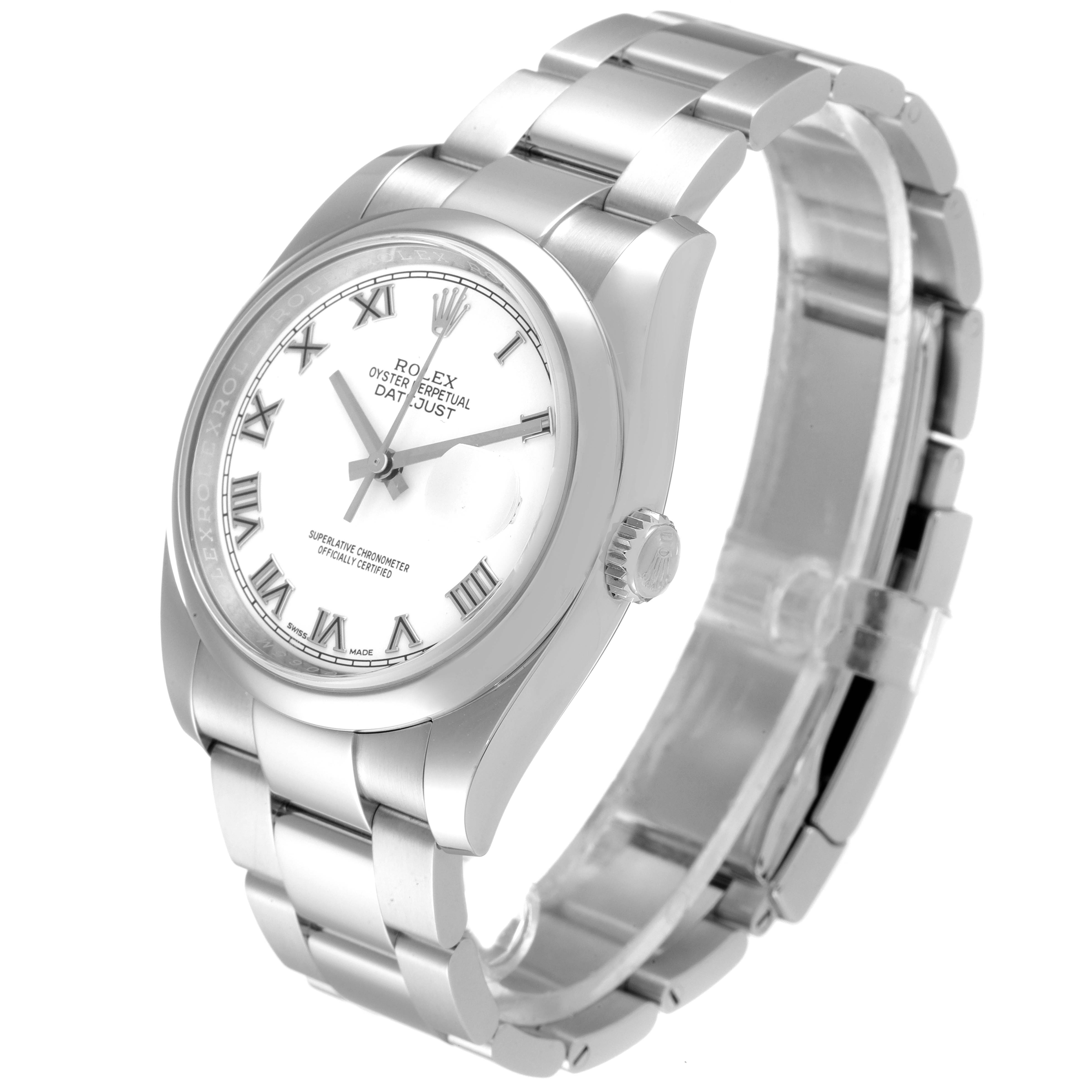 This image shows a Rolex Datejust 116200 Men's Stainless Steel White Dial 116200 Men's Stainless Steel White Dial watch at a three-quarter angle, highlighting the white dial, bracelet, and crown.