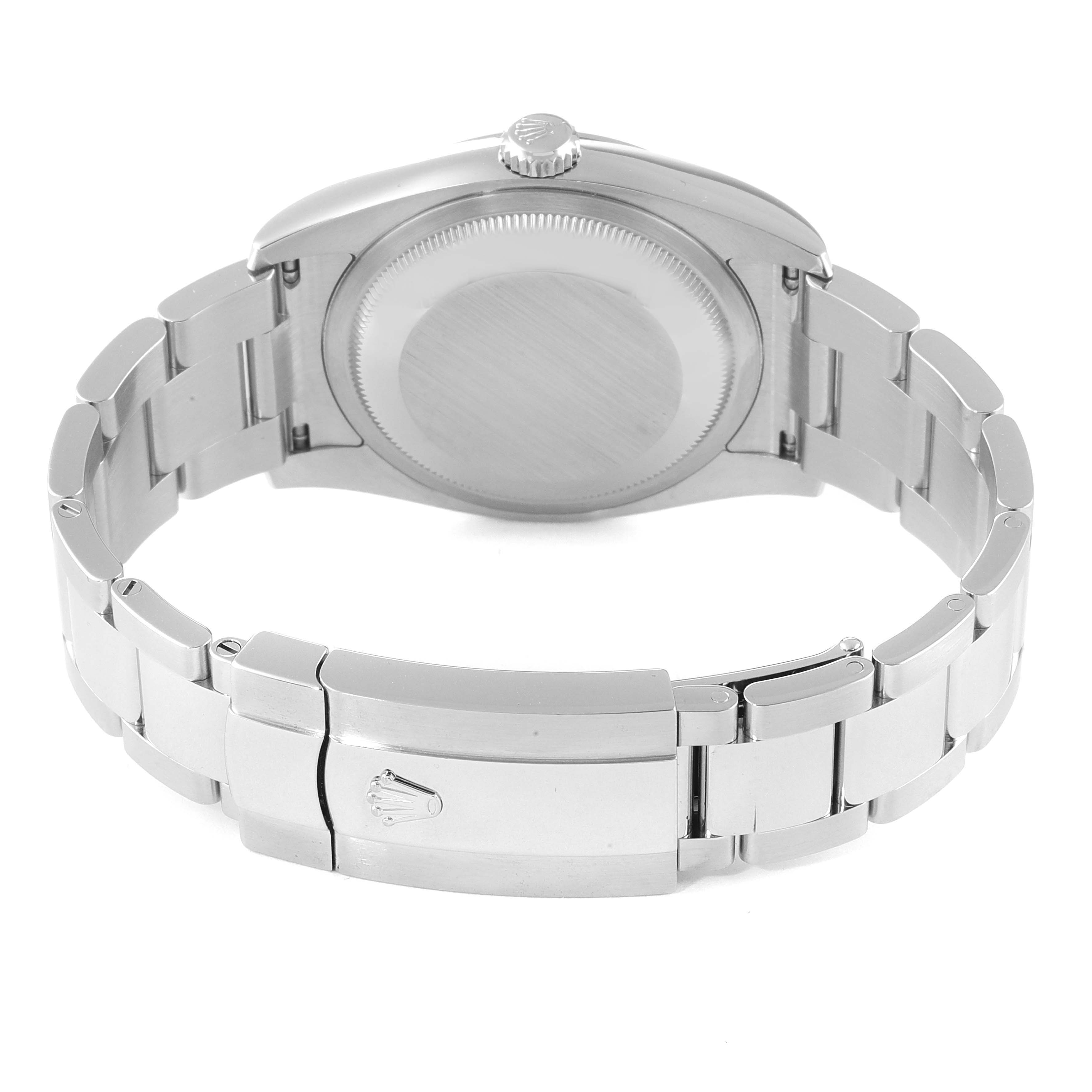 This is a rear view of a Rolex Datejust 116200 Men's Stainless Steel White Dial 116200 Men's Stainless Steel White Dial watch, showing the case back, bracelet, and clasp.