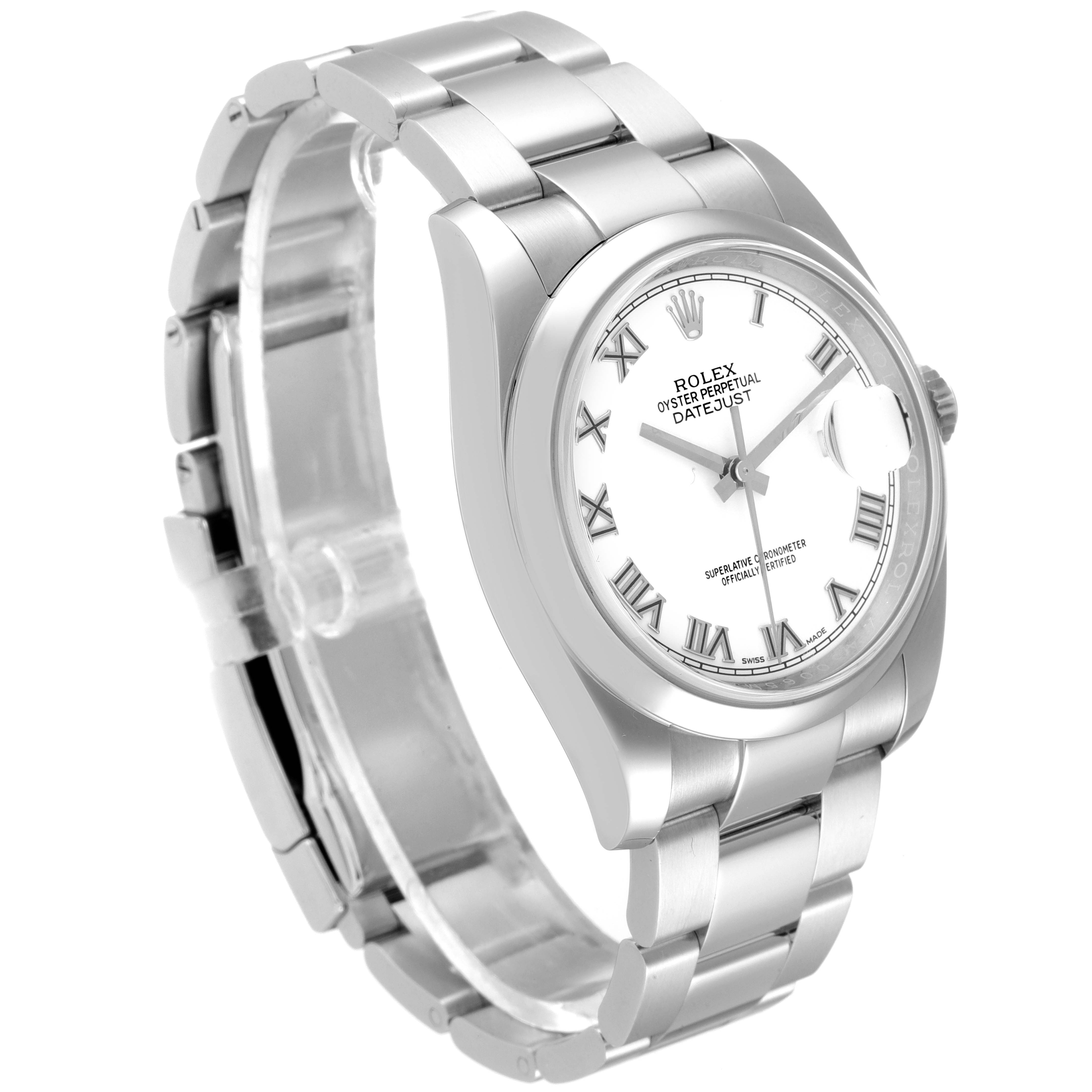 This image shows a Rolex Datejust 116200 Men's Stainless Steel White Dial 116200 Men's Stainless Steel White Dial watch at a three-quarter angle, displaying the face, bracelet, and case.