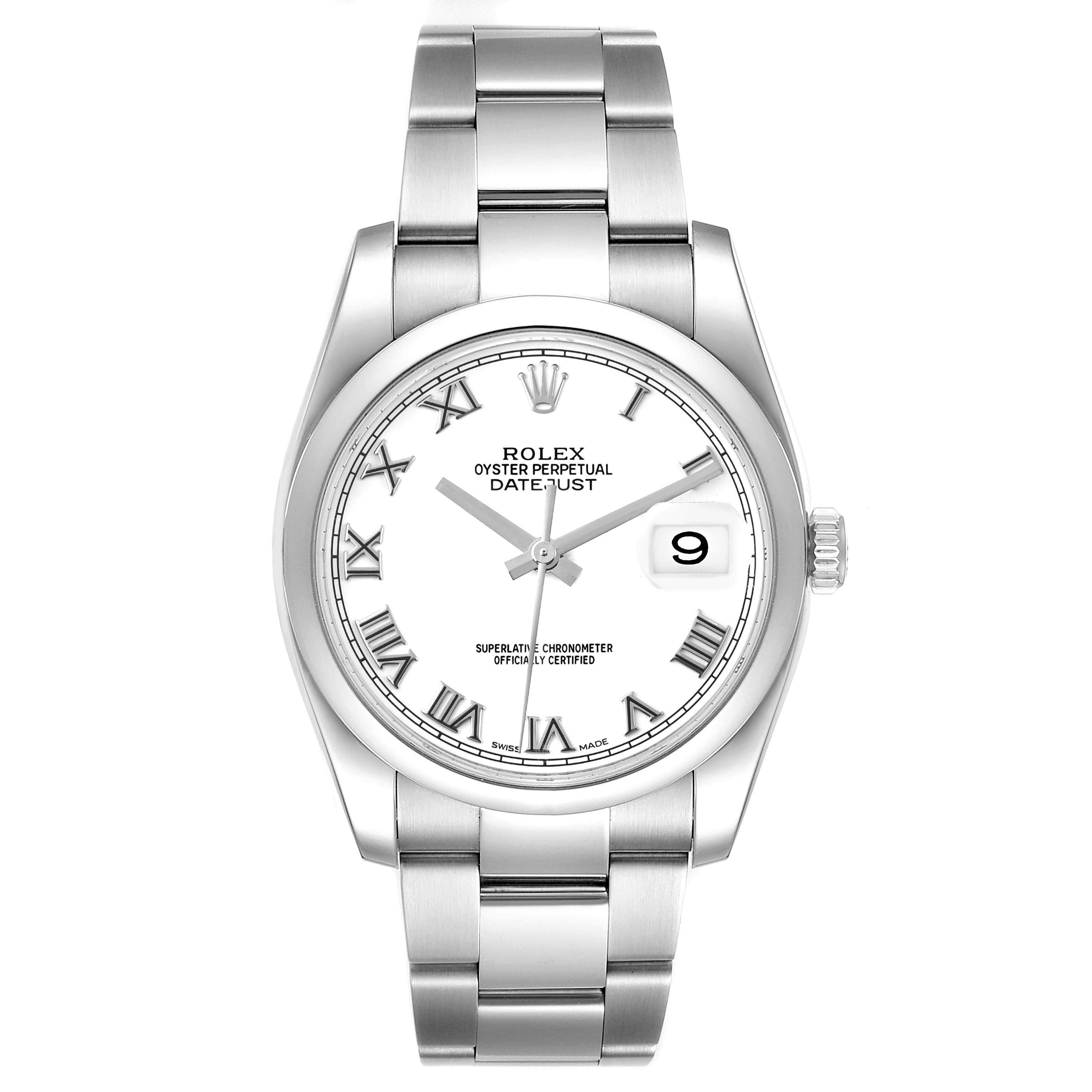 This image shows the front angle of a Rolex Datejust 116200 Men's Stainless Steel White Dial 116200 Men's Stainless Steel White Dial watch, highlighting its dial, bracelet, and crown.