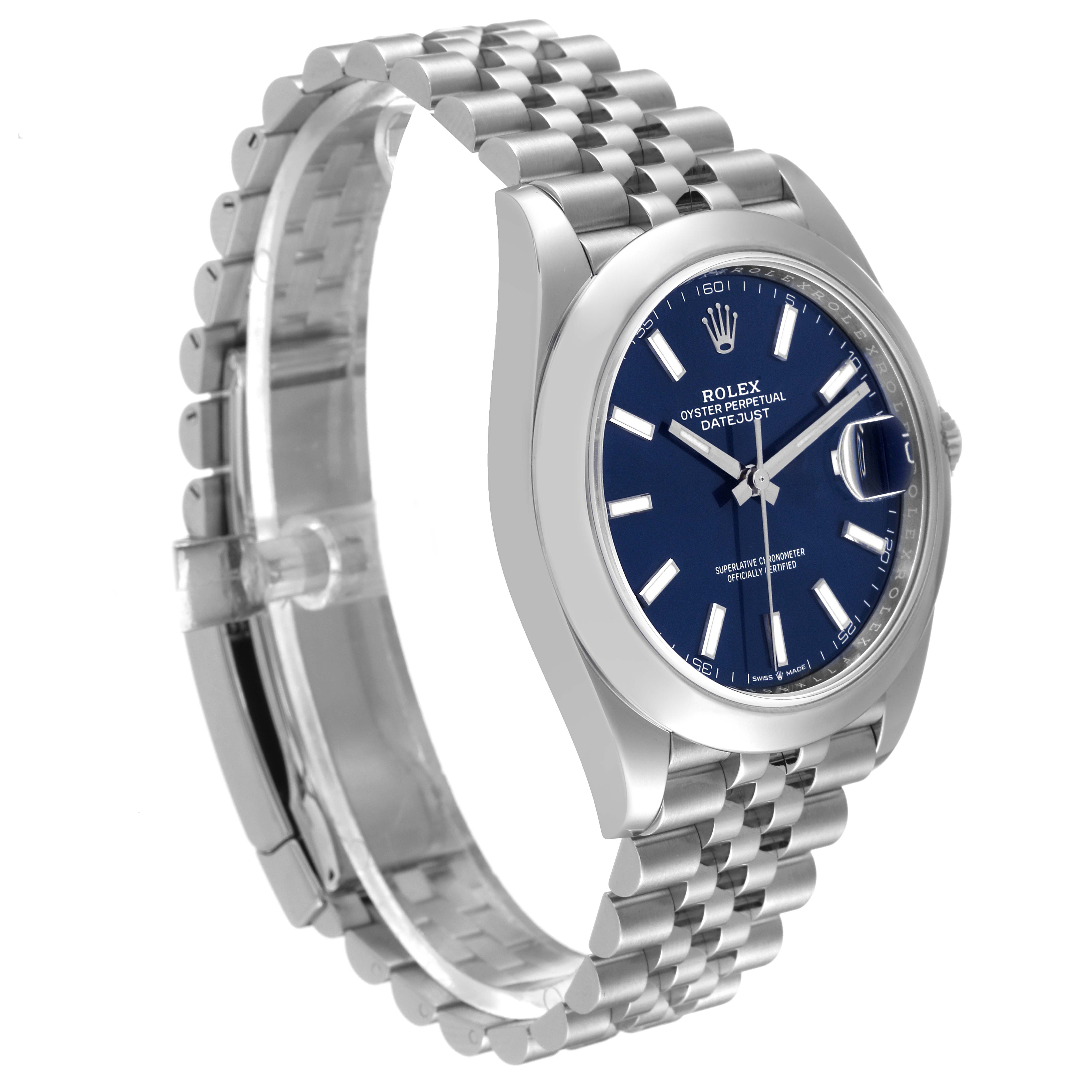 The Rolex Datejust 41 126300 Men's Stainless Steel Blue Dial 126300 Men's Stainless Steel Blue Dial watch is shown at an angle displaying the face, bezel, and part of the bracelet.