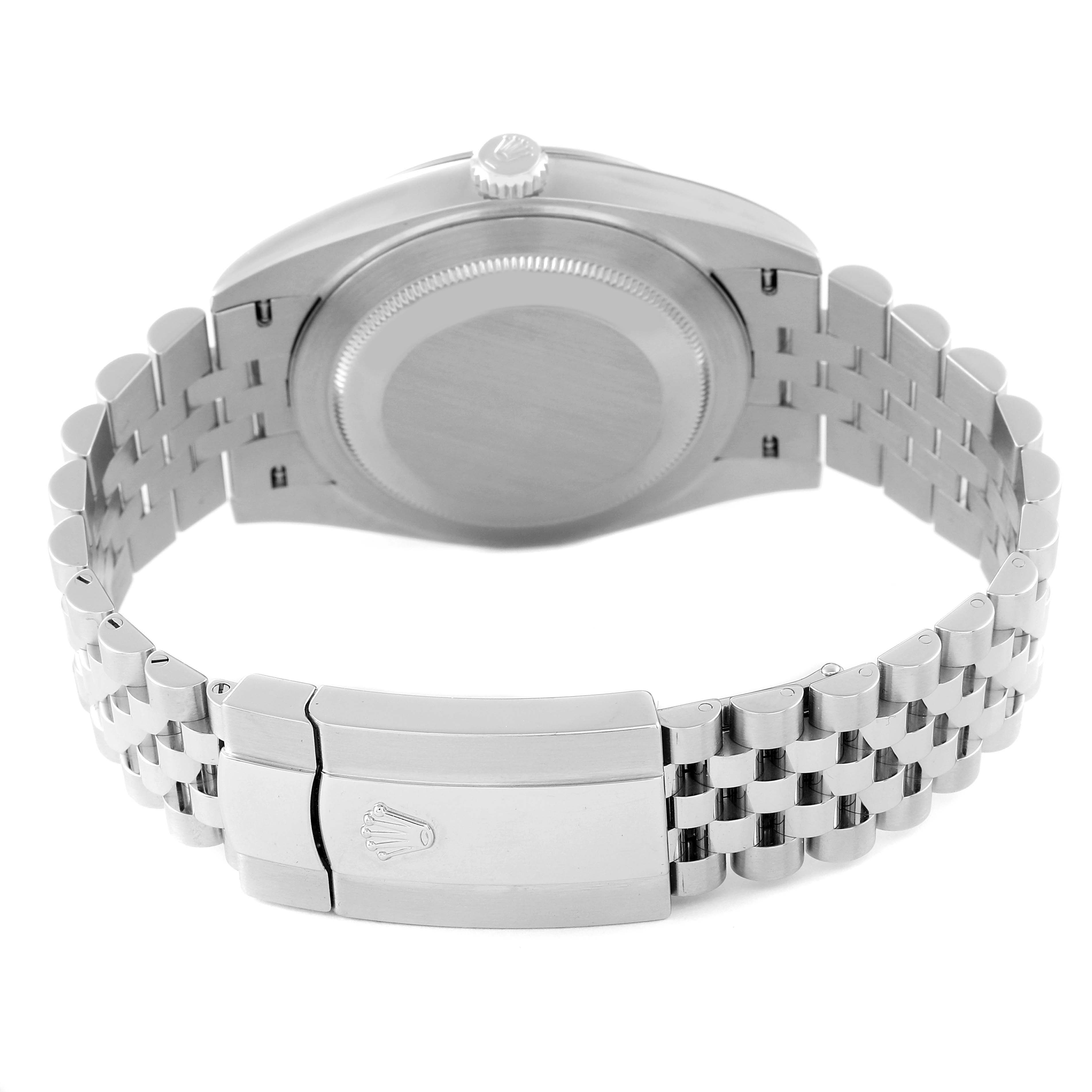 The image shows the back view of the Rolex Datejust 41 126300 Men's Stainless Steel Blue Dial 126300 Men's Stainless Steel Blue Dial watch with its clasp and bracelet fully visible.