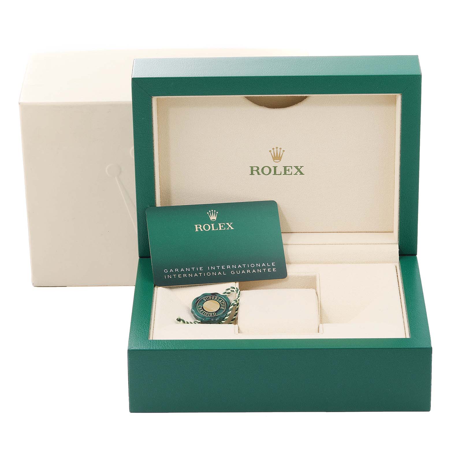 This image shows the box and guarantee card for the Rolex Datejust 41 126300 Men's Stainless Steel Blue Dial 126300 Men's Stainless Steel Blue Dial model.
