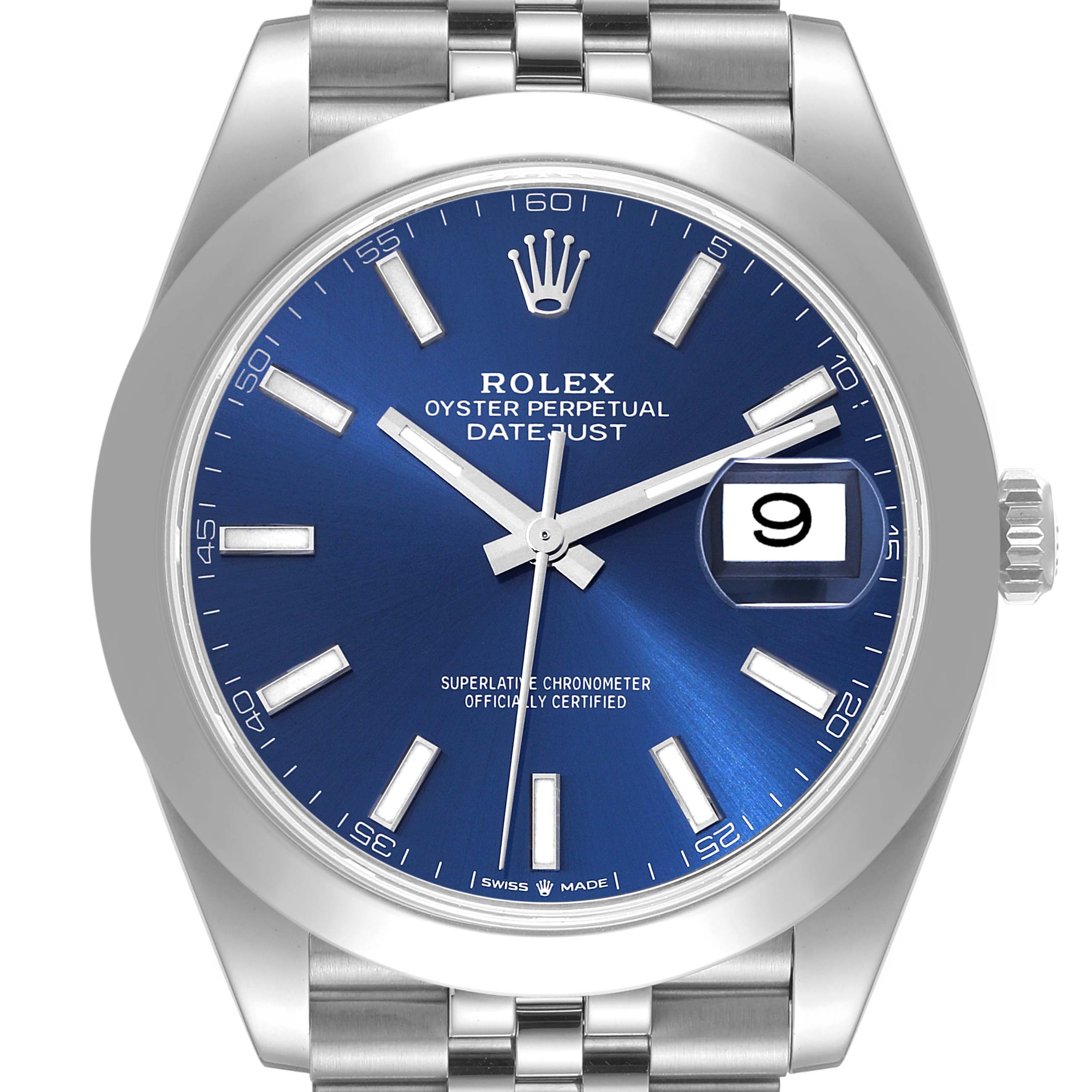 This image shows a front view of a Rolex Datejust 41 126300 Men's Stainless Steel Blue Dial 126300 Men's Stainless Steel Blue Dial watch, featuring a blue dial with date display and an Oystersteel bracelet.