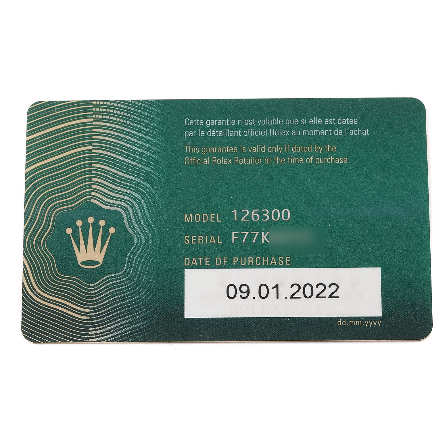 The image shows a warranty card for the Rolex Datejust 41 126300 Men's Stainless Steel Blue Dial 126300 Men's Stainless Steel Blue Dial model with model number 126300 and purchase date 09.01.2022.