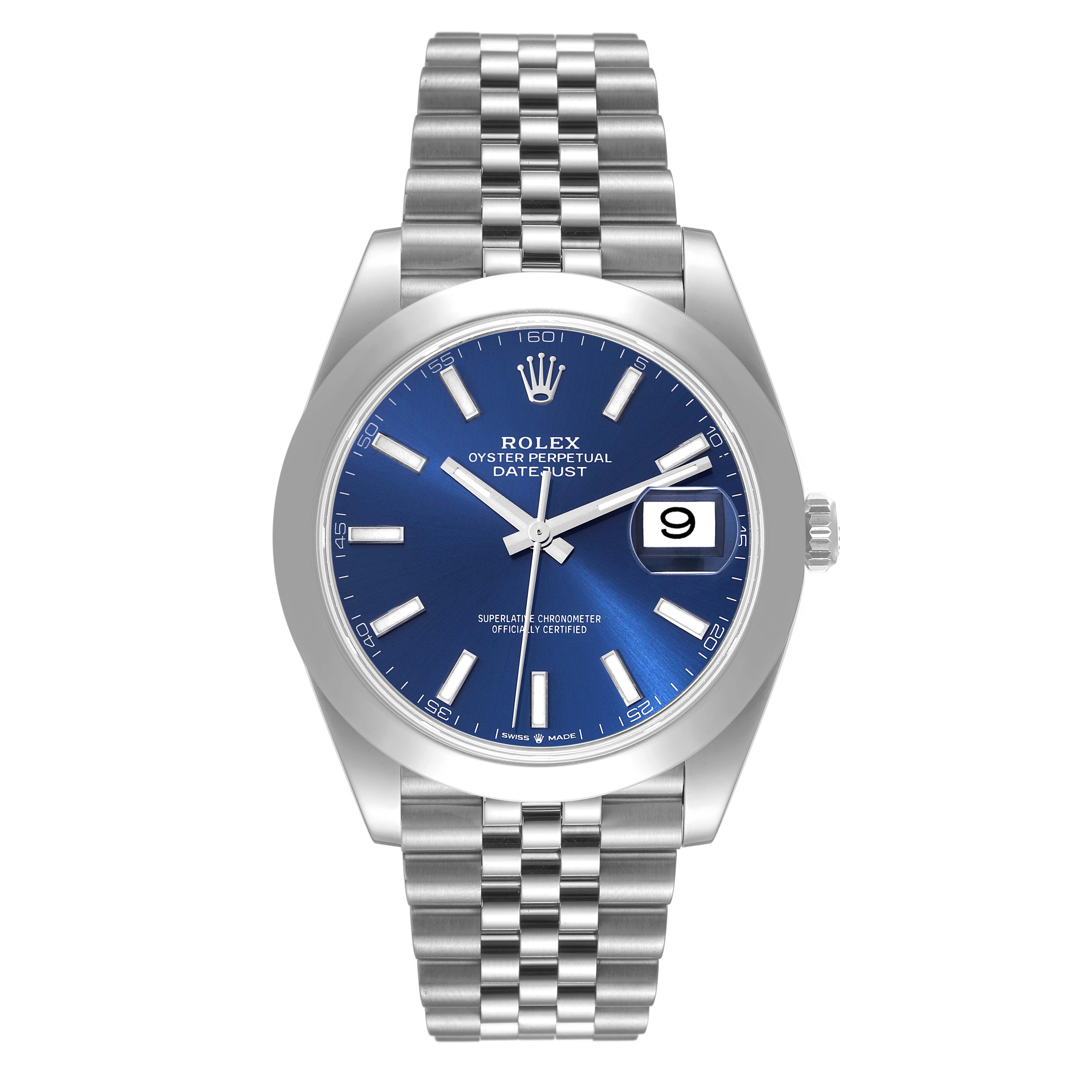 A front view of a Rolex Datejust 41 126300 Men's Stainless Steel Blue Dial 126300 Men's Stainless Steel Blue Dial model, showing its blue dial, date window, and stainless steel bracelet.