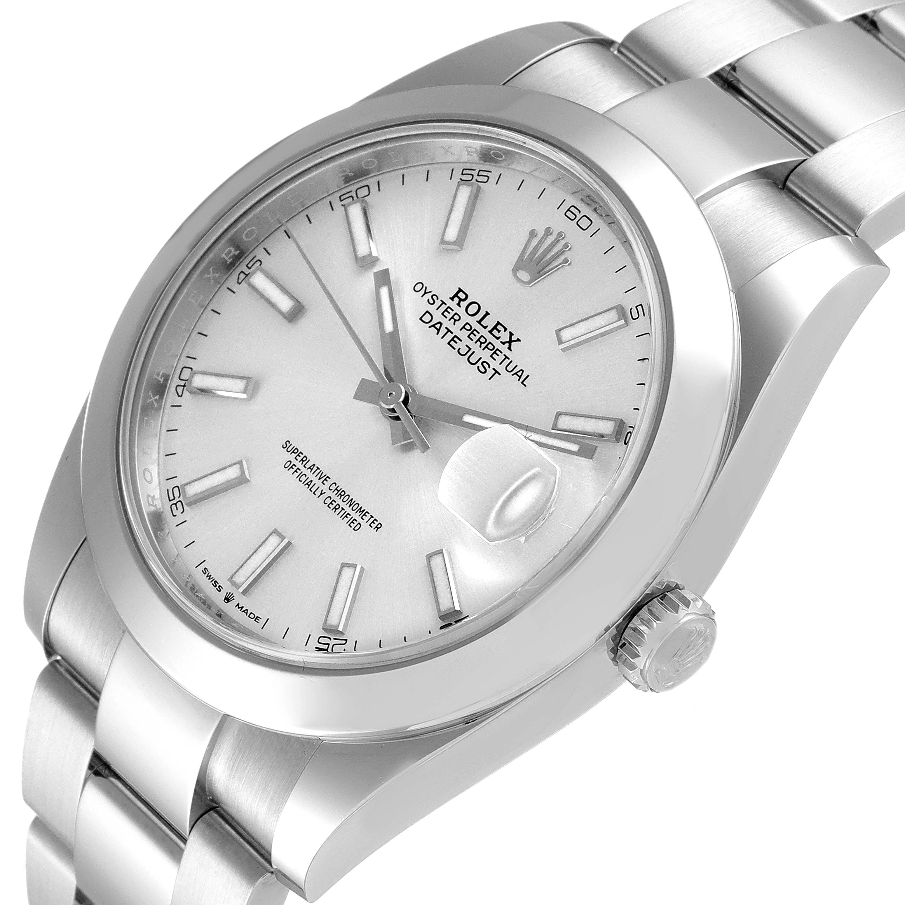 This image shows the dial, crown, and part of the bracelet of the Rolex Datejust 41 126300 Men
s Stainless Steel Silver Dial 126300 Men
s Stainless Steel Silver Dial watch at an oblique angle.