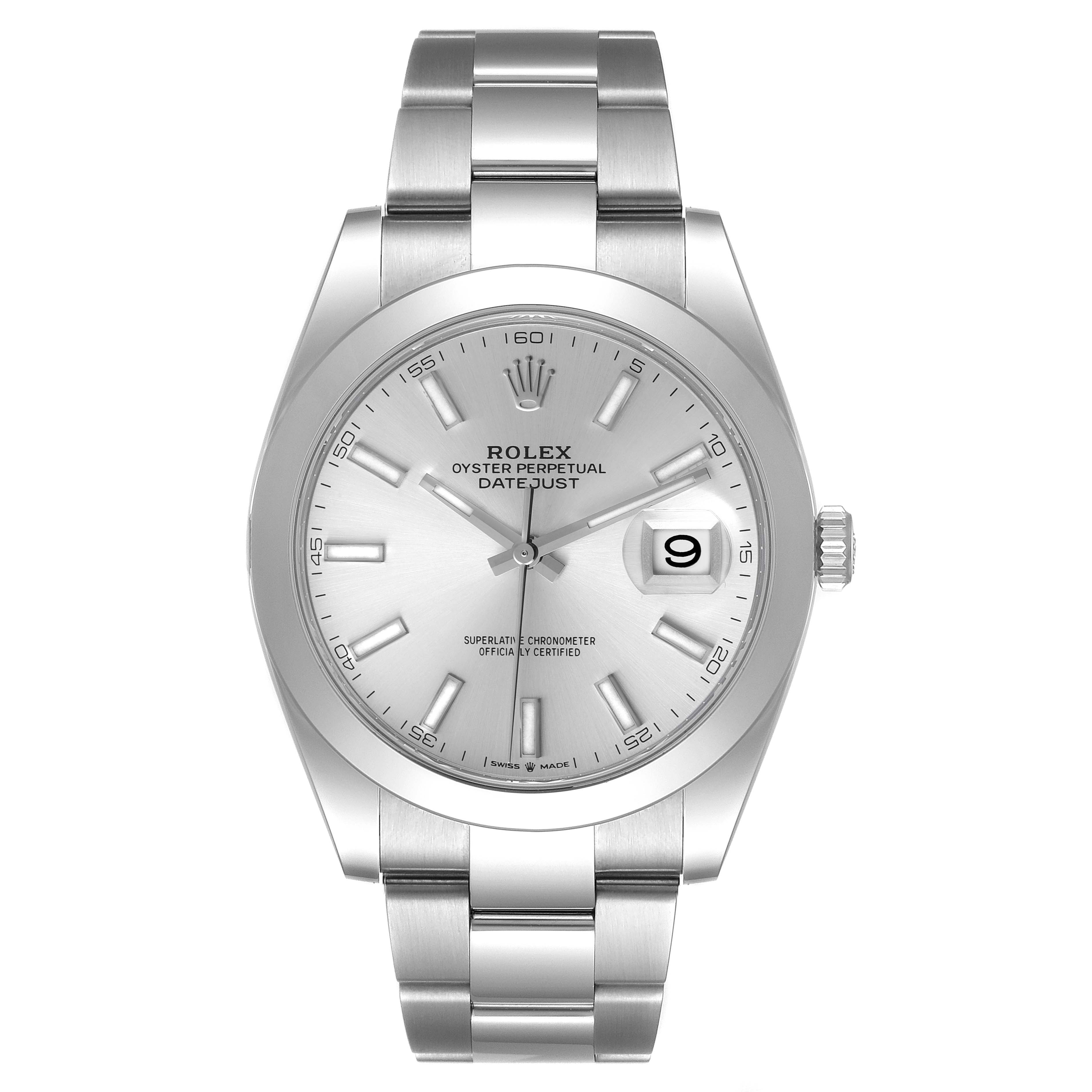The Rolex Datejust 41 126300 Men
s Stainless Steel Silver Dial 126300 Men
s Stainless Steel Silver Dial watch is shown from a front angle, displaying the stainless steel bracelet, dial, and date window.