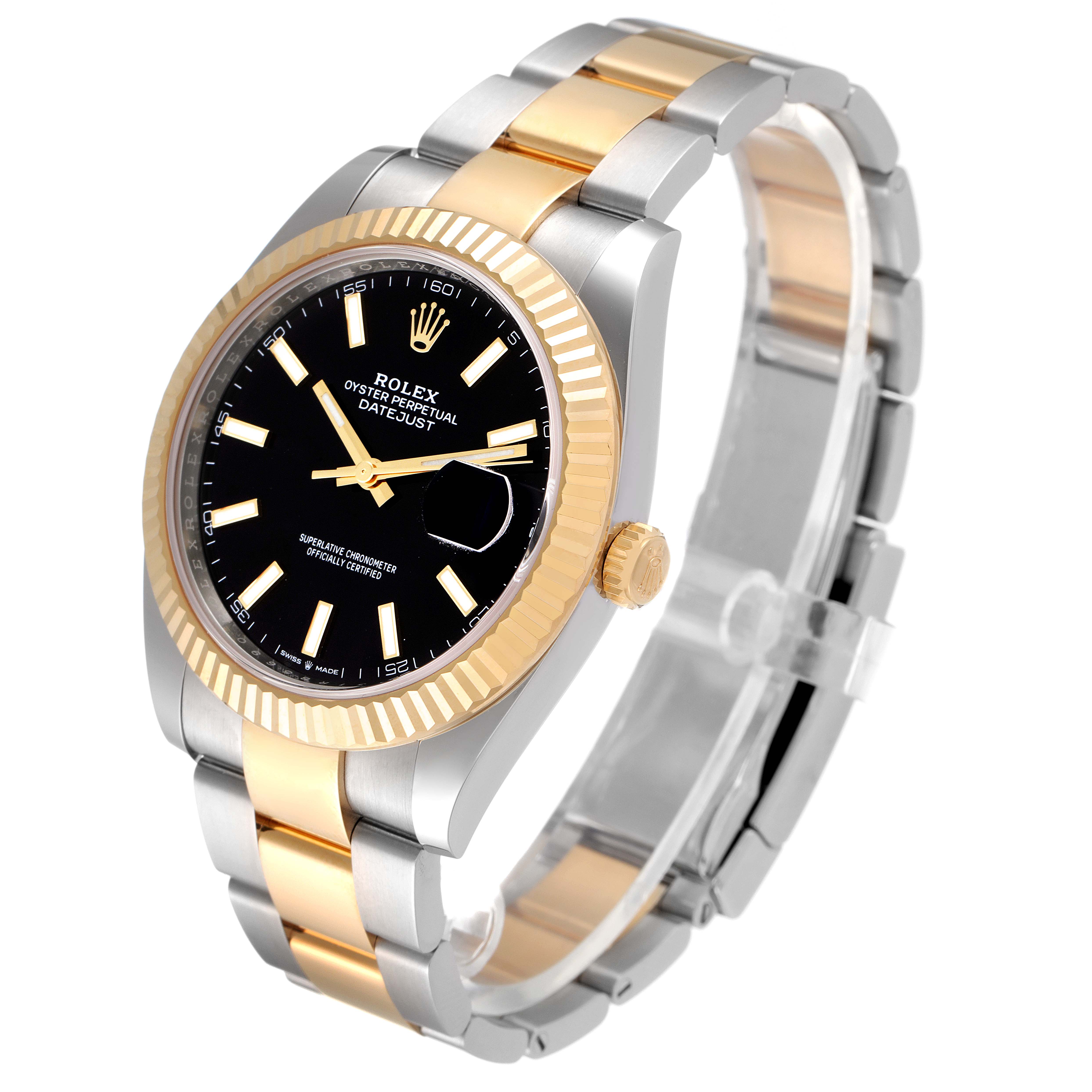 The Rolex Datejust 41 126333 Men's Steel and Gold (two tone) Black Dial 126333 Men's Steel and Gold (two tone) Black Dial watch is shown at an angle revealing the full face, dial, bezel, and bracelet.