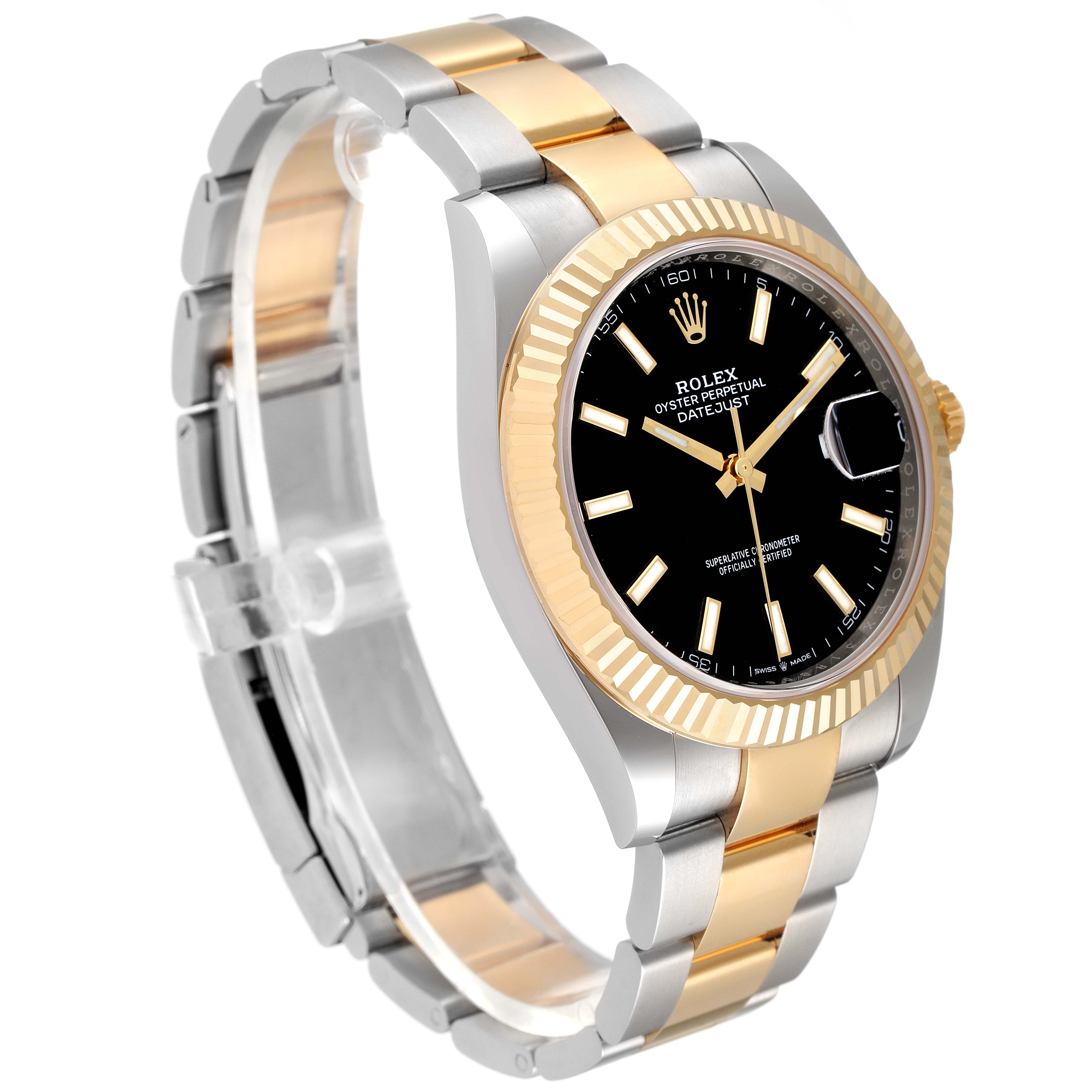 The Rolex Datejust 41 126333 Men's Steel and Gold (two tone) Black Dial 126333 Men's Steel and Gold (two tone) Black Dial is shown at a three-quarter angle, highlighting the dial, fluted bezel, and two-tone bracelet.