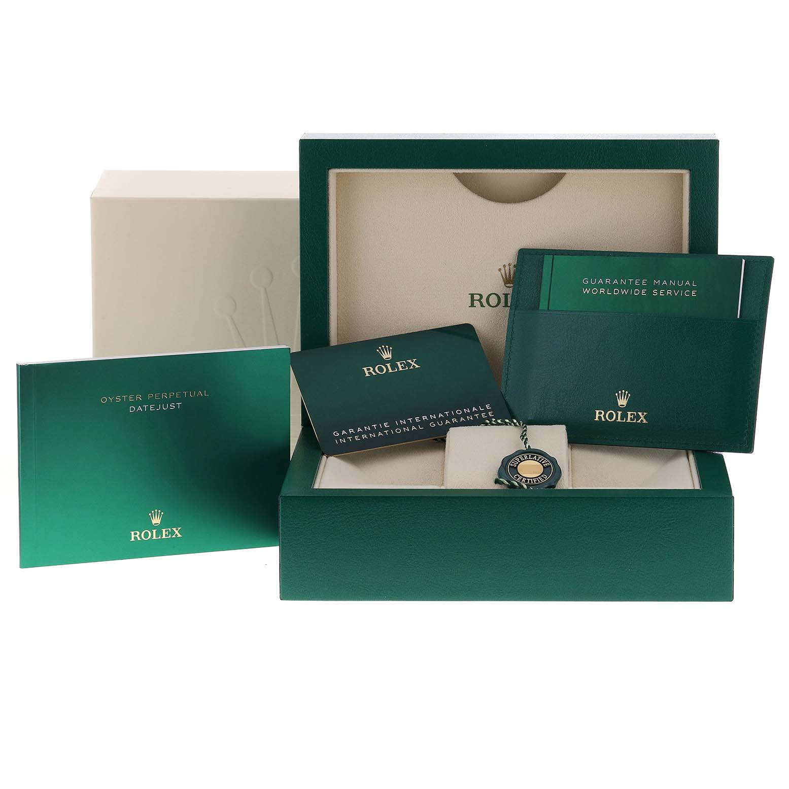 The image shows the box and accessories for a Rolex Datejust 41 126333 Men's Steel and Gold (two tone) Black Dial 126333 Men's Steel and Gold (two tone) Black Dial watch, including manuals, a warranty card, and a hang tag.