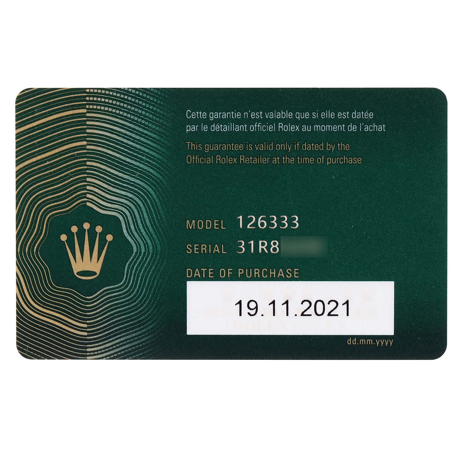 The image shows the warranty card for a Rolex Datejust 41 126333 Men's Steel and Gold (two tone) Black Dial 126333 Men's Steel and Gold (two tone) Black Dial model.